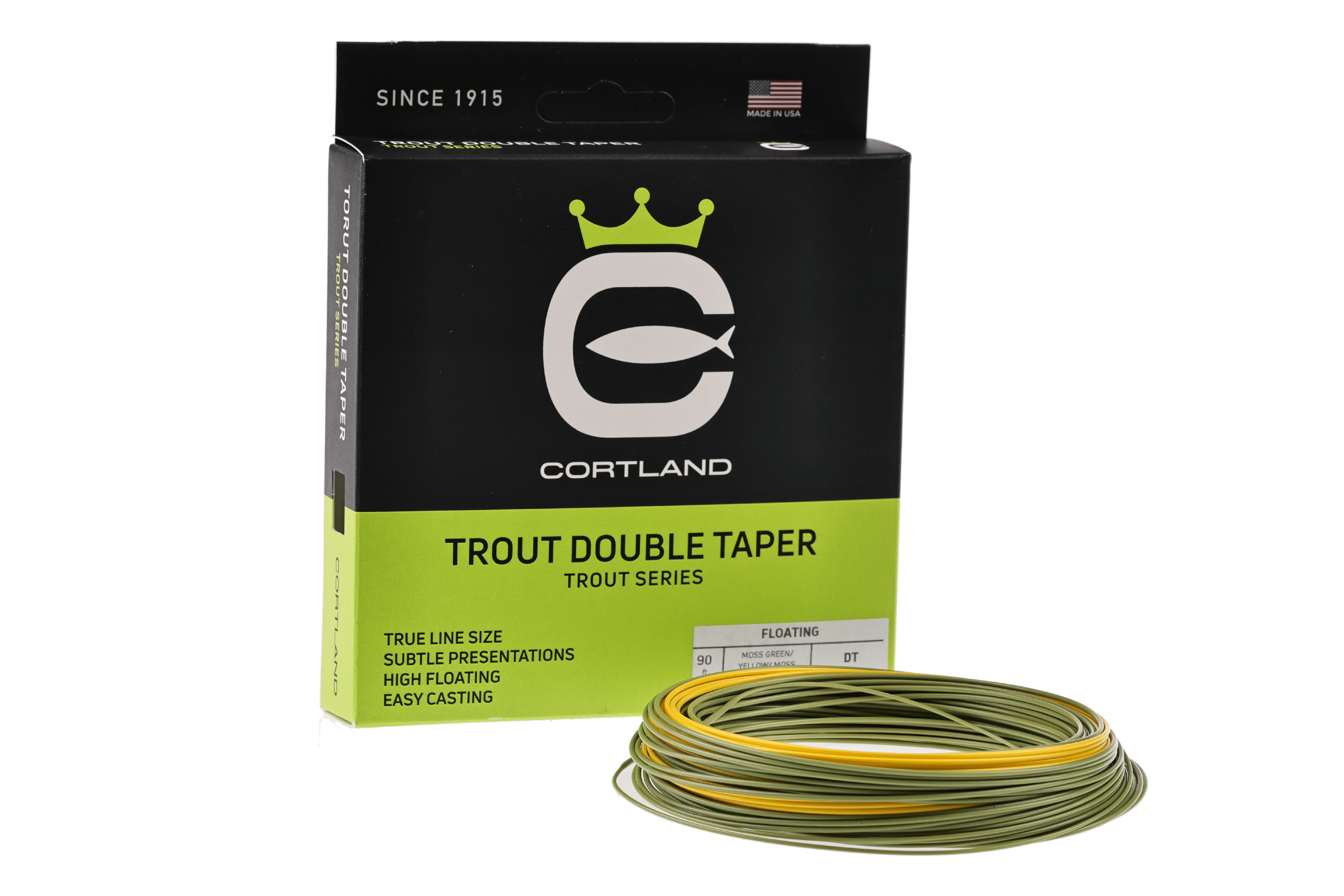 Cortland Trout double taper fly line packaged box in black and lime green with coiled olive and yellow floating fly line