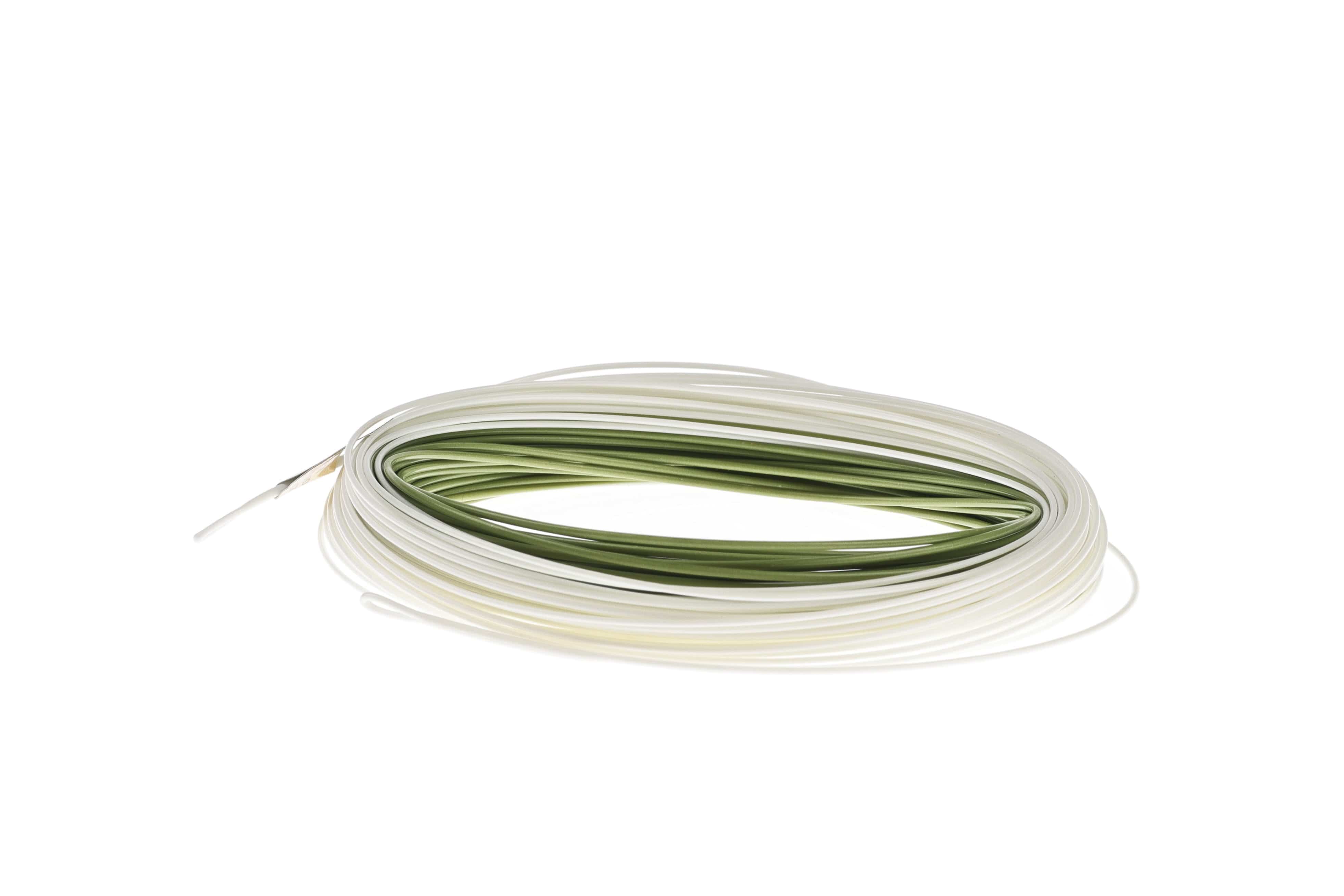 Coiled Cortland Trout Indicator II fly line with white outer coating and olive-green indicator core