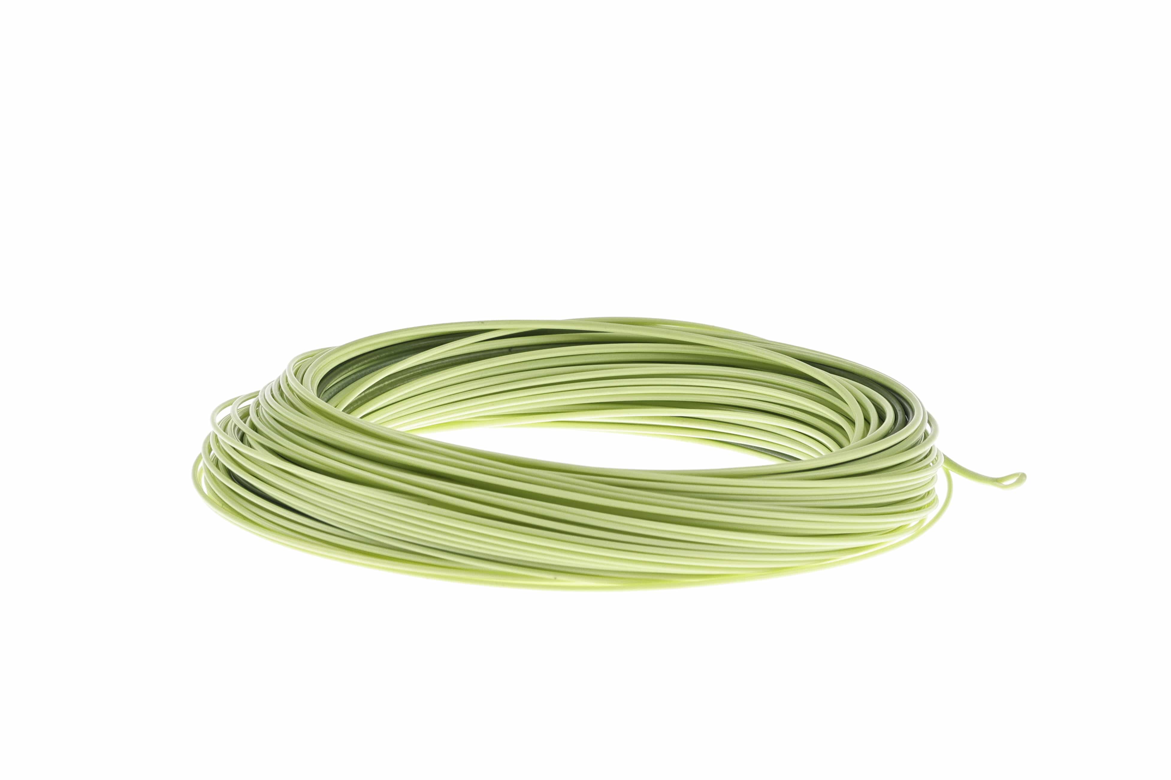 Coiled chartreuse synthetic Cortland Ultralight II trout fly line with smooth low-profile taper for delicate casts