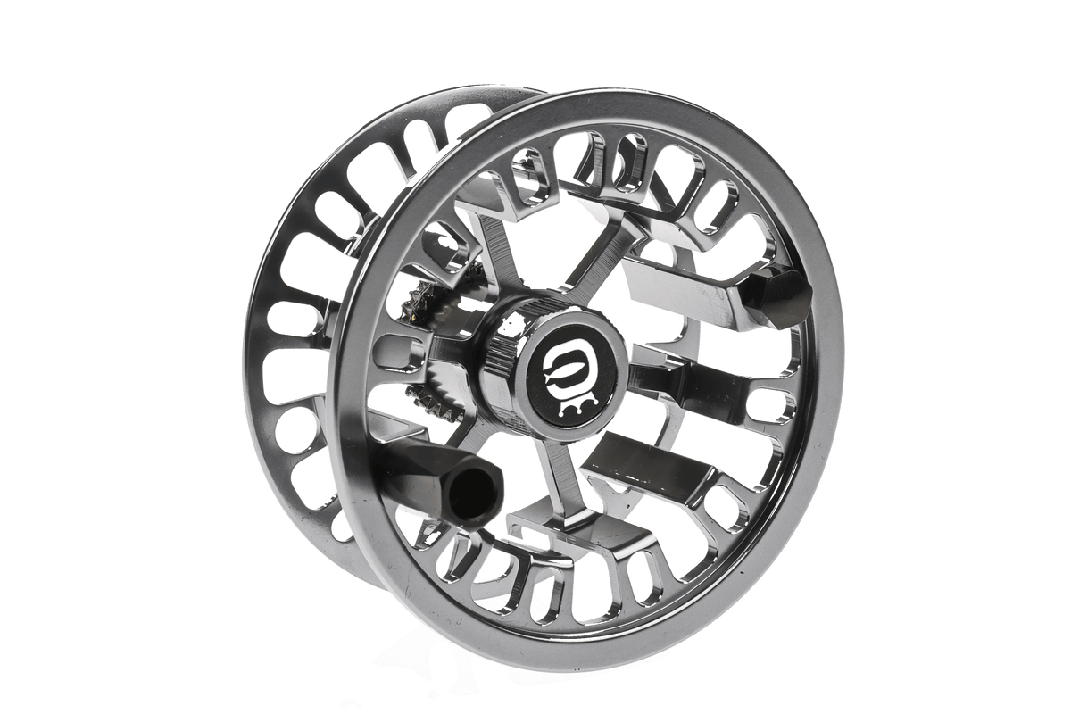 Cortland Retro Click fly reel in silver and black with large arbor design and mechanical click drag system