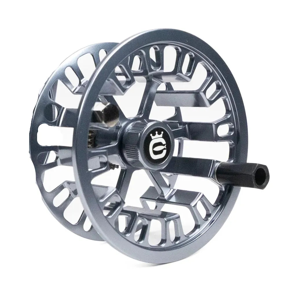 Cortland Retro Click spare spool, gray machined aluminum vented-arbor reel spool with black click spindle and crown logo