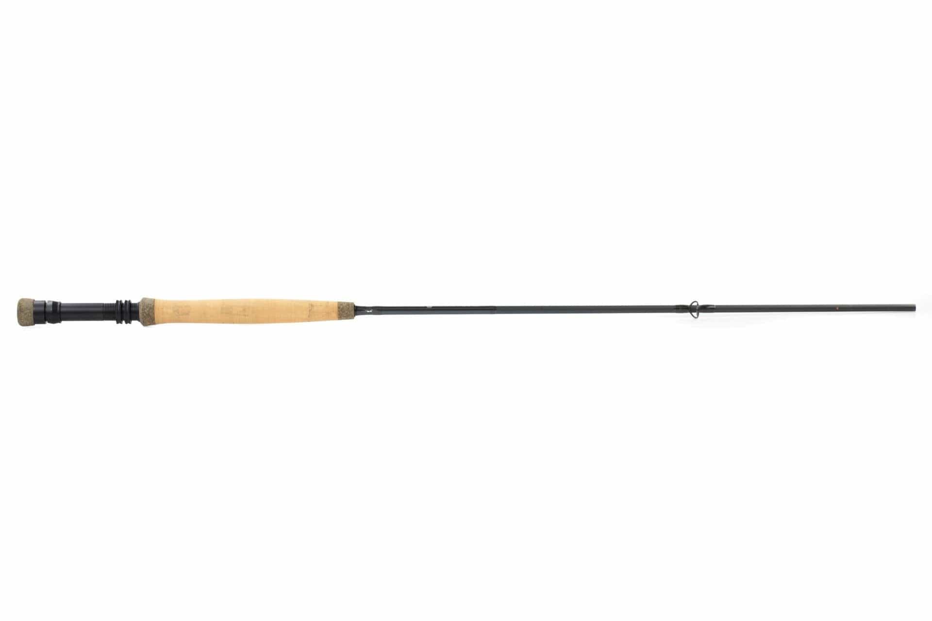 Cortland nymph fly rod with tan cork handle, slim black graphite blank and black metal reel seat