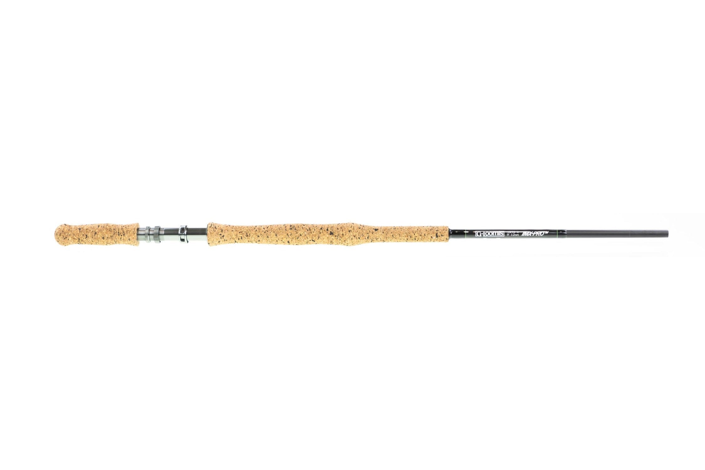 G. Loomis IMX-Pro musky fly rod with black graphite blank, long speckled cork grip and metal reel seat