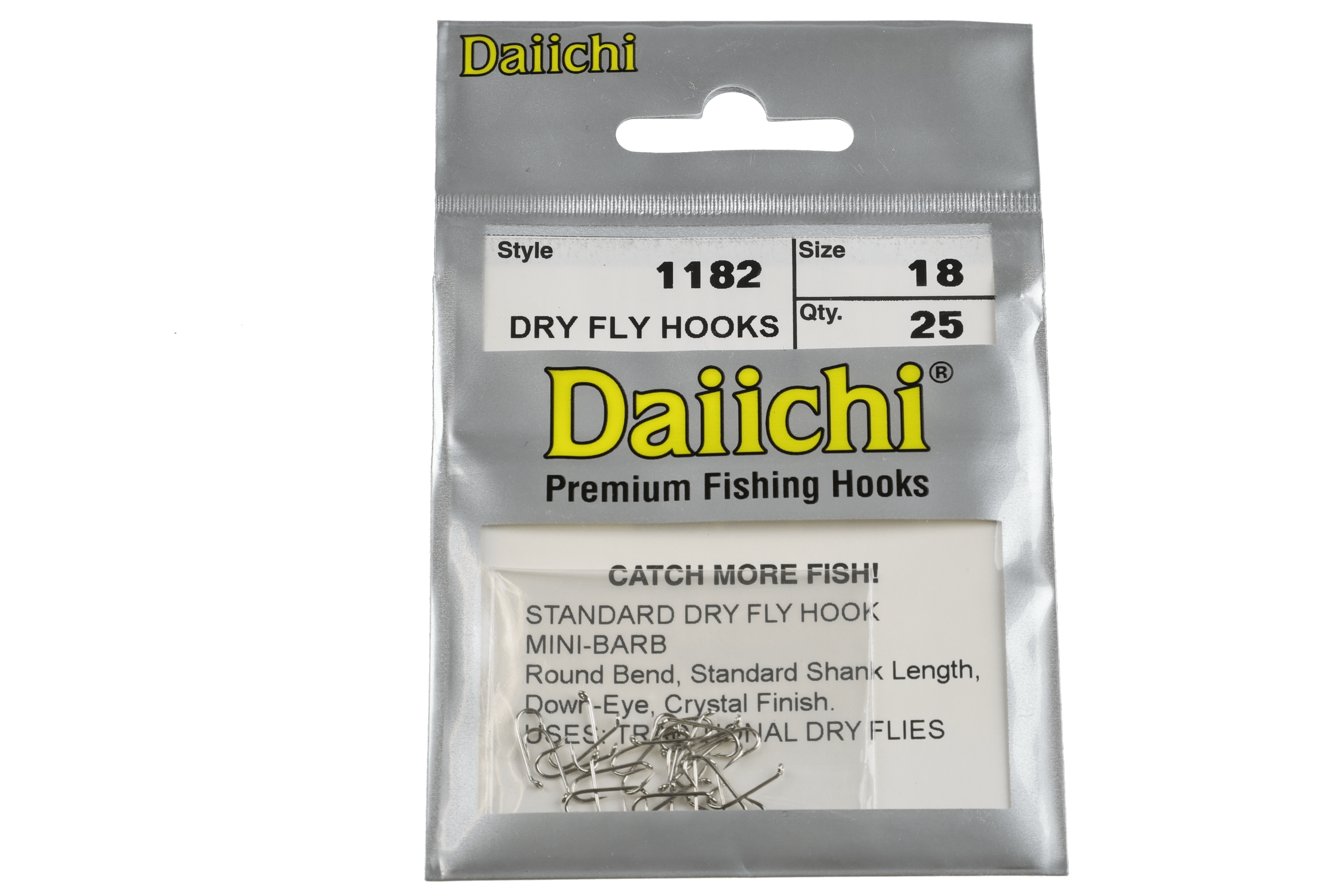 Daiichi 1182 Dry Fly Hooks pack with silver stainless hooks visible in clear blister, size 18, 25-count