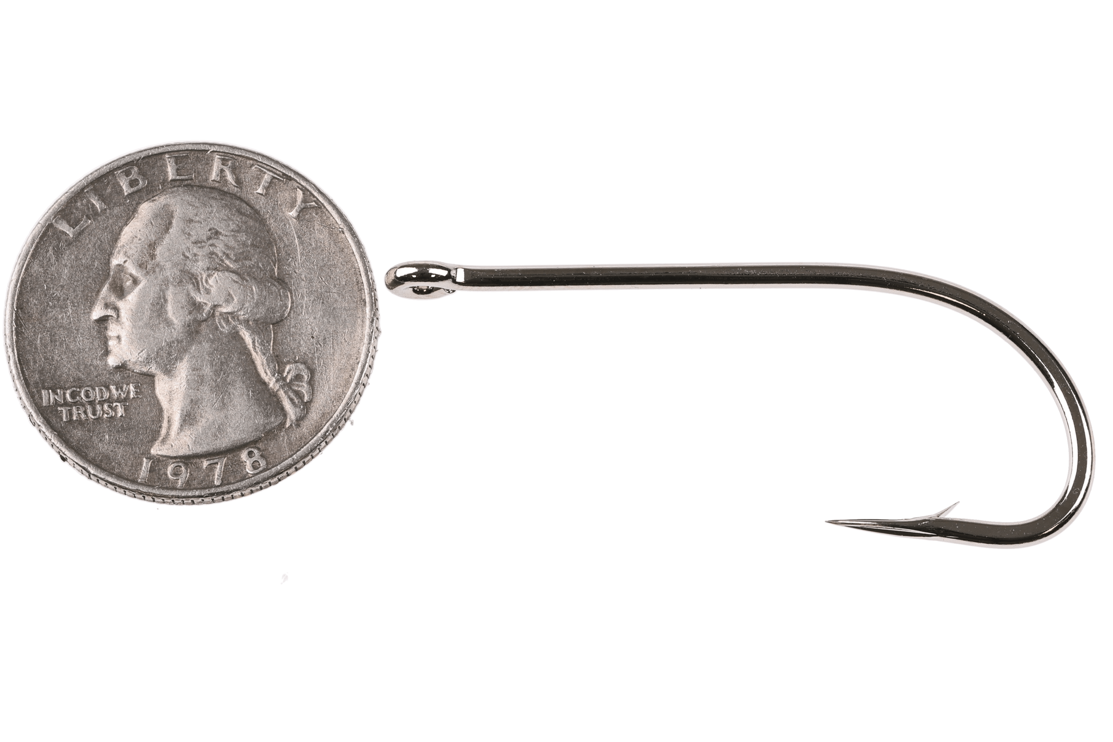 Daiichi X452 nickel saltwater fly-tying hook, shiny stainless straight eye, curved shank and X-point next to US quarter