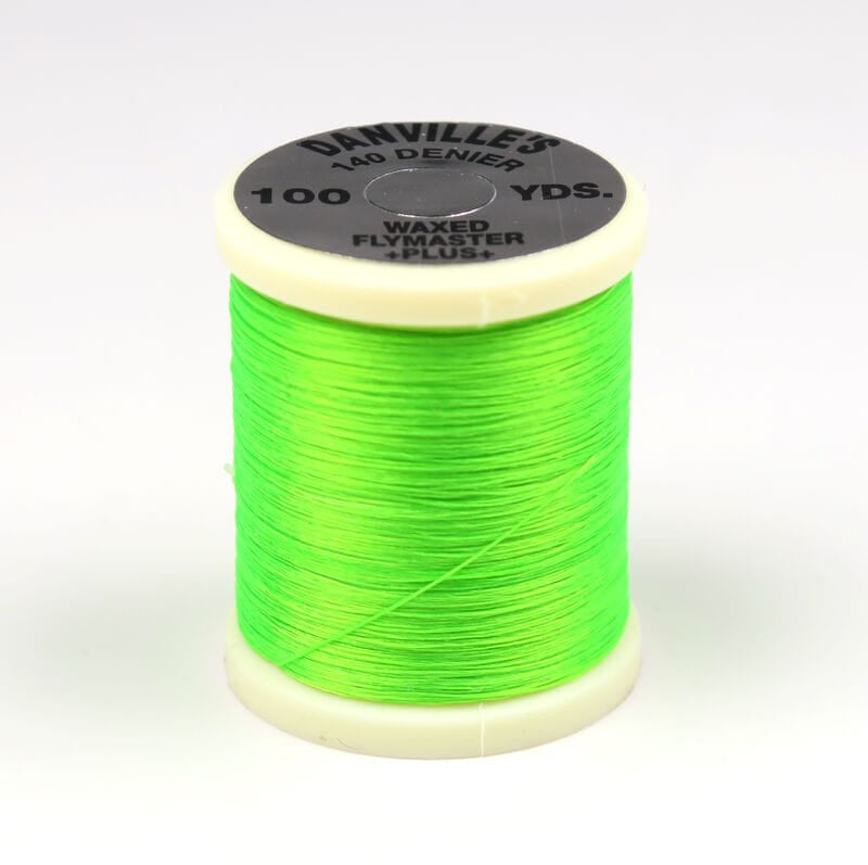 Neon green Danville 140 denier waxed Flymaster Plus fly tying thread on white plastic spool