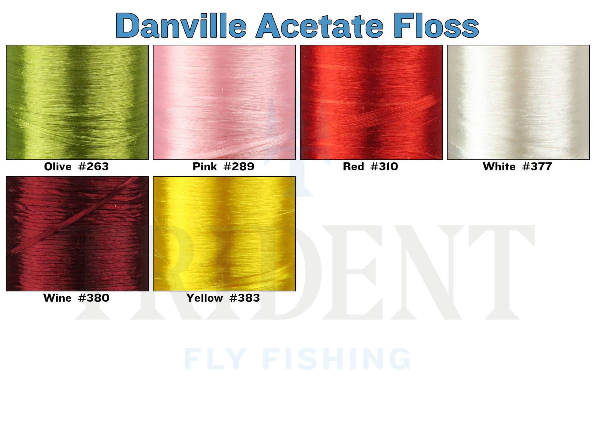 Danville acetate floss color swatches showing olive, pink, red, white, wine, yellow shiny synthetic fibers for fly tying