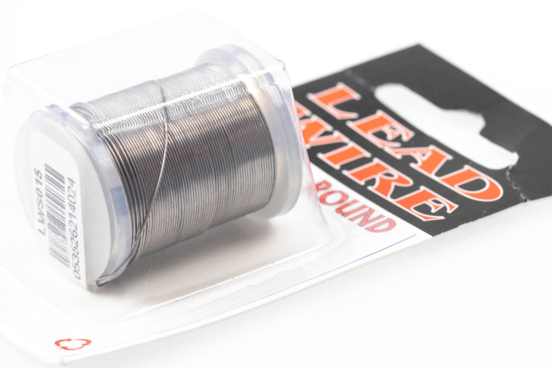 Spool of metallic gray Danville lead wire on clear plastic blister pack, tightly wound for fly tying