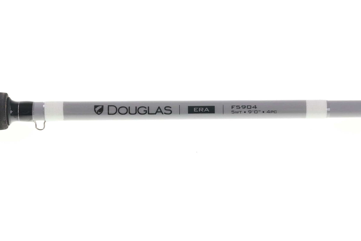 Douglas ERA grey carbon fly rod blank with black logo, white thread wraps and cork handle section