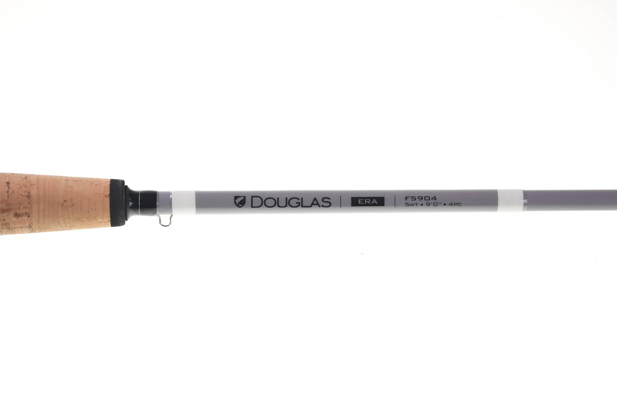 Douglas ERA fly rod with cork handle and light gray graphite blank displaying Douglas logo and ERA label