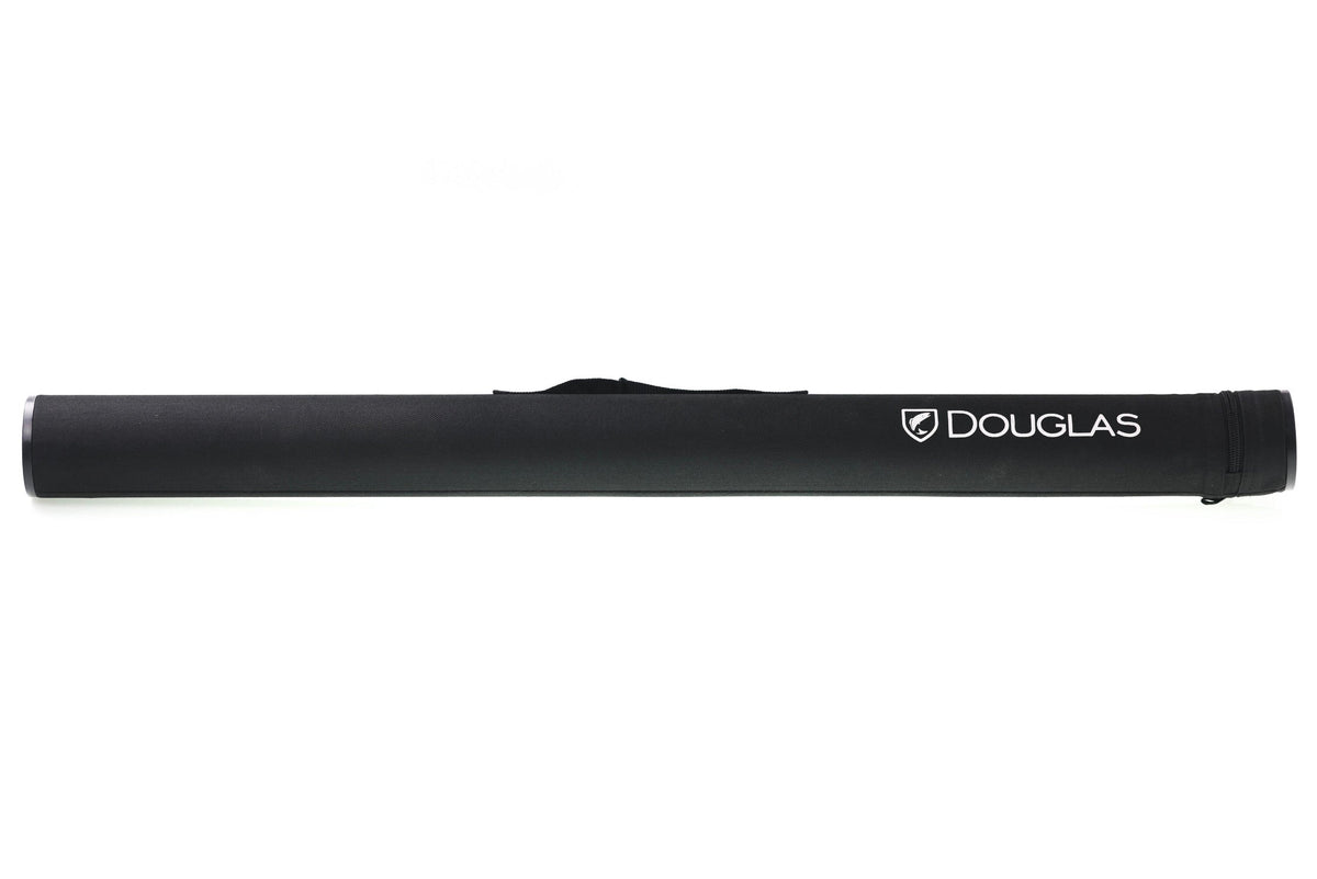 Black fabric Douglas ERA fly rod case with padded tube, zippered end, carry handle and white logo
