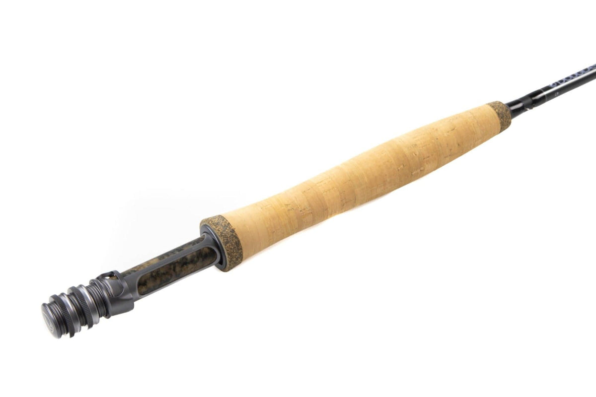 Douglas SKY-G fly rod with natural cork handle, black metal reel seat and slim dark blue blank