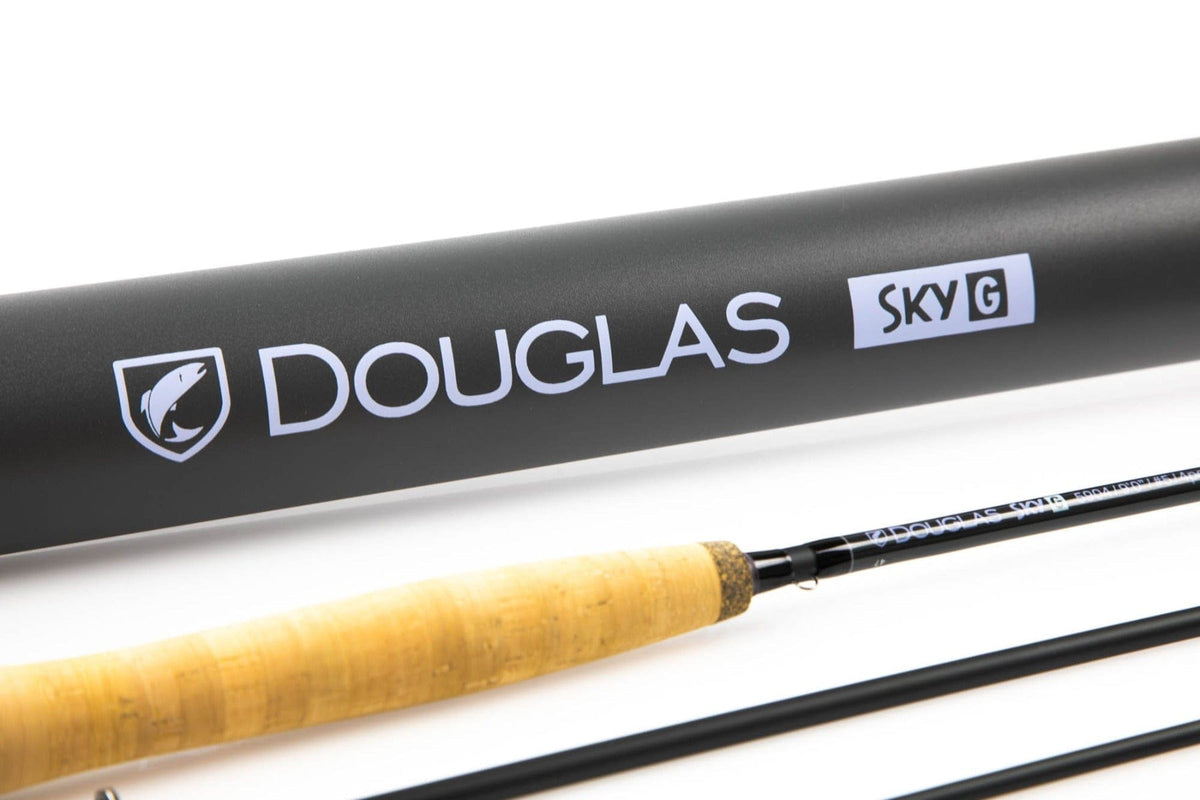 Black Douglas SKY-G fly rod tube with white logo, cork handle and black graphite rod sections visible