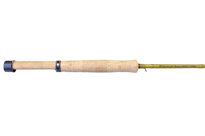 Douglas Upstream fly rod with natural cork handle, chartreuse green blank and blue anodized reel seat