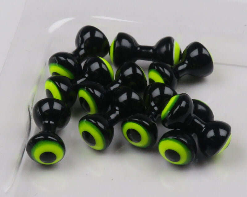 Hareline double-pupil brass fly-tying eyes: glossy black hourglass-shaped beads with neon yellow-green rings and black