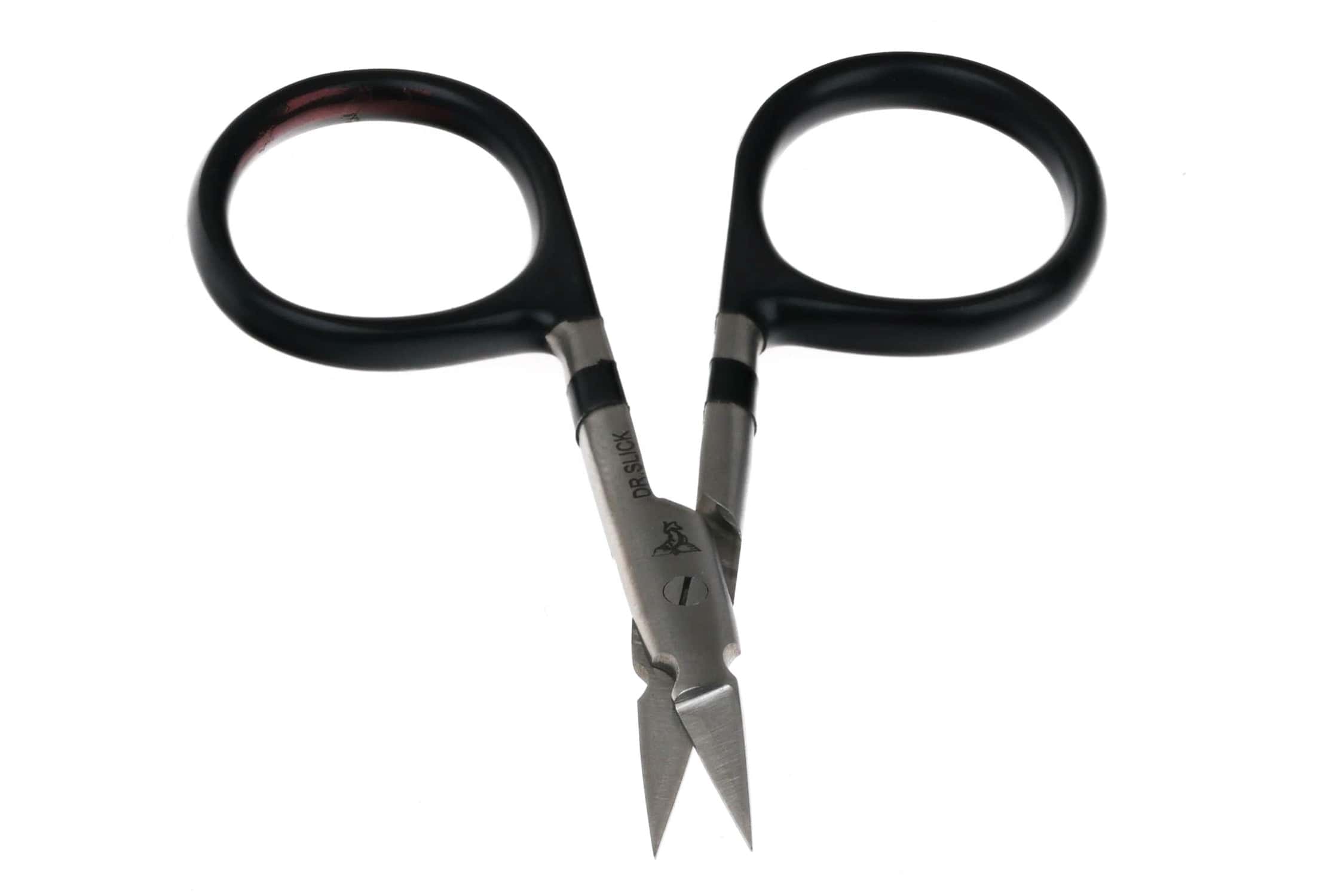 Dr. Slick tungsten carbide fly-tying scissors with black oval handles and pointed stainless blades, precision fly tying tool