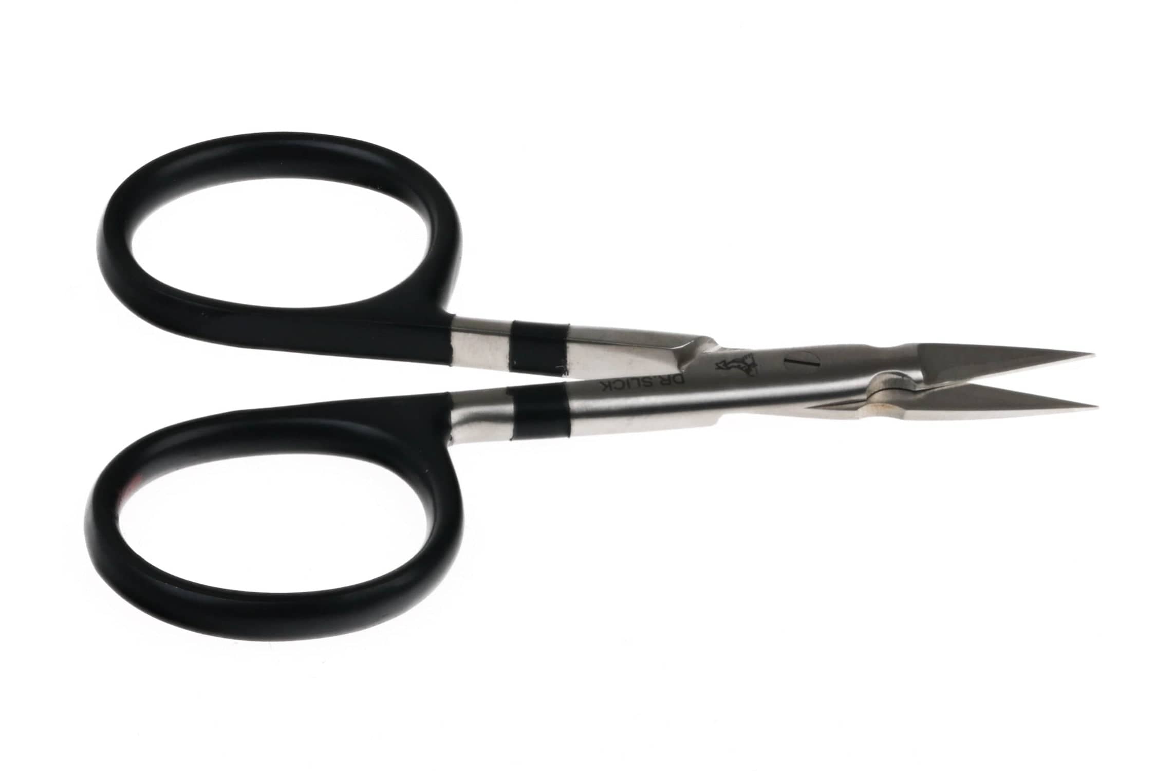 Dr. Slick tungsten carbide fly tying scissors with black looped handles and sharp stainless steel pointed blades