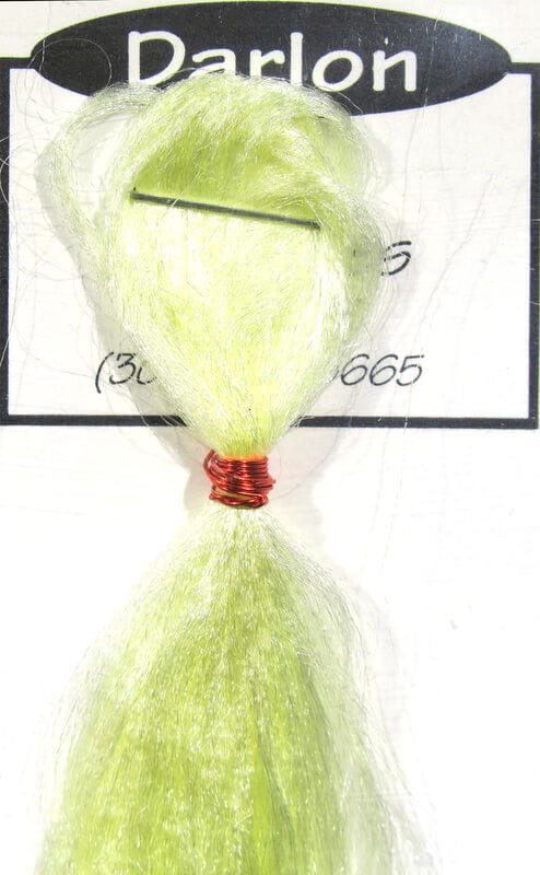 Pale chartreuse Darlon synthetic fly tying fiber tuft with red wire wrap on white card, shiny translucent strands