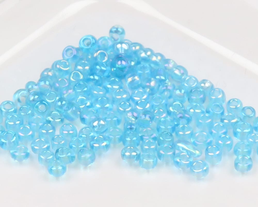 Translucent aqua blue glass beads with iridescent sheen, small round tyers beads for fly tying
