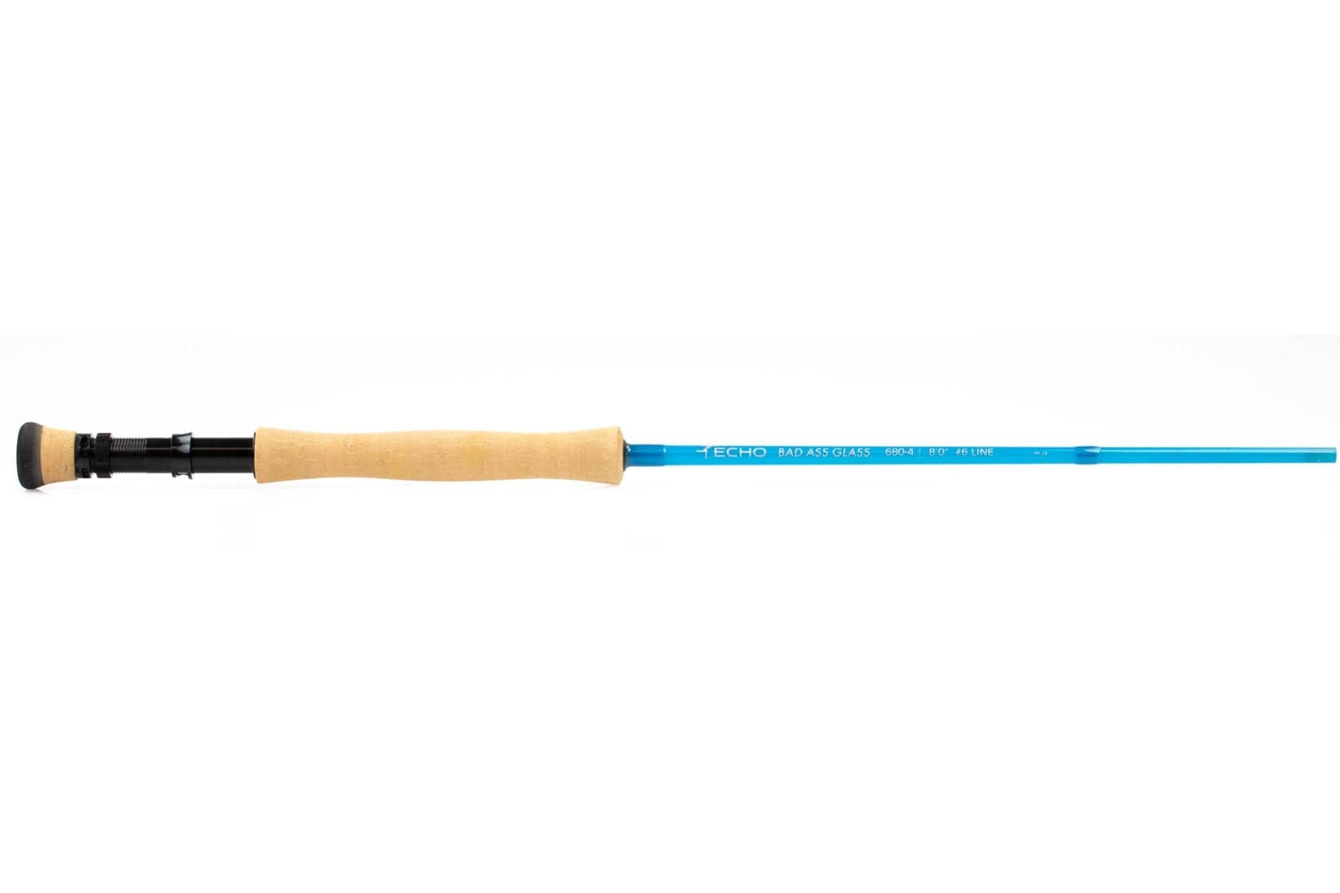 Echo Bad Ass Glass Quickshot fly rod with bright blue glass blank, straight cork handle and black reel seat