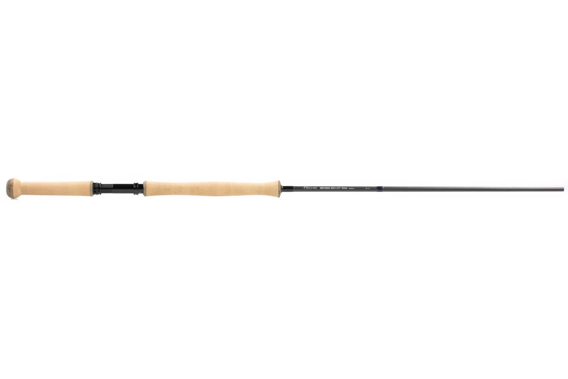 Echo Boost beach fly rod with black graphite blank, natural cork split-grip handle and black reel seat, long slim surf rod