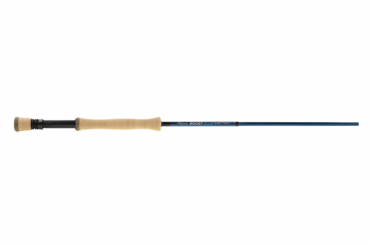 Echo Boost blue fly rod with slim blue graphite blank, cork handle and black reel seat