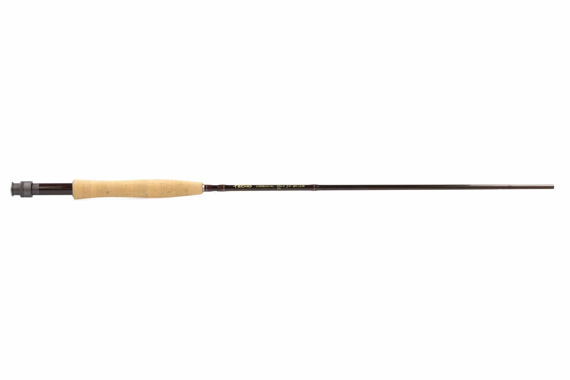 Echo Carbon XL fly rod with dark brown carbon blank, tapered shaft, natural cork grip and metal reel seat