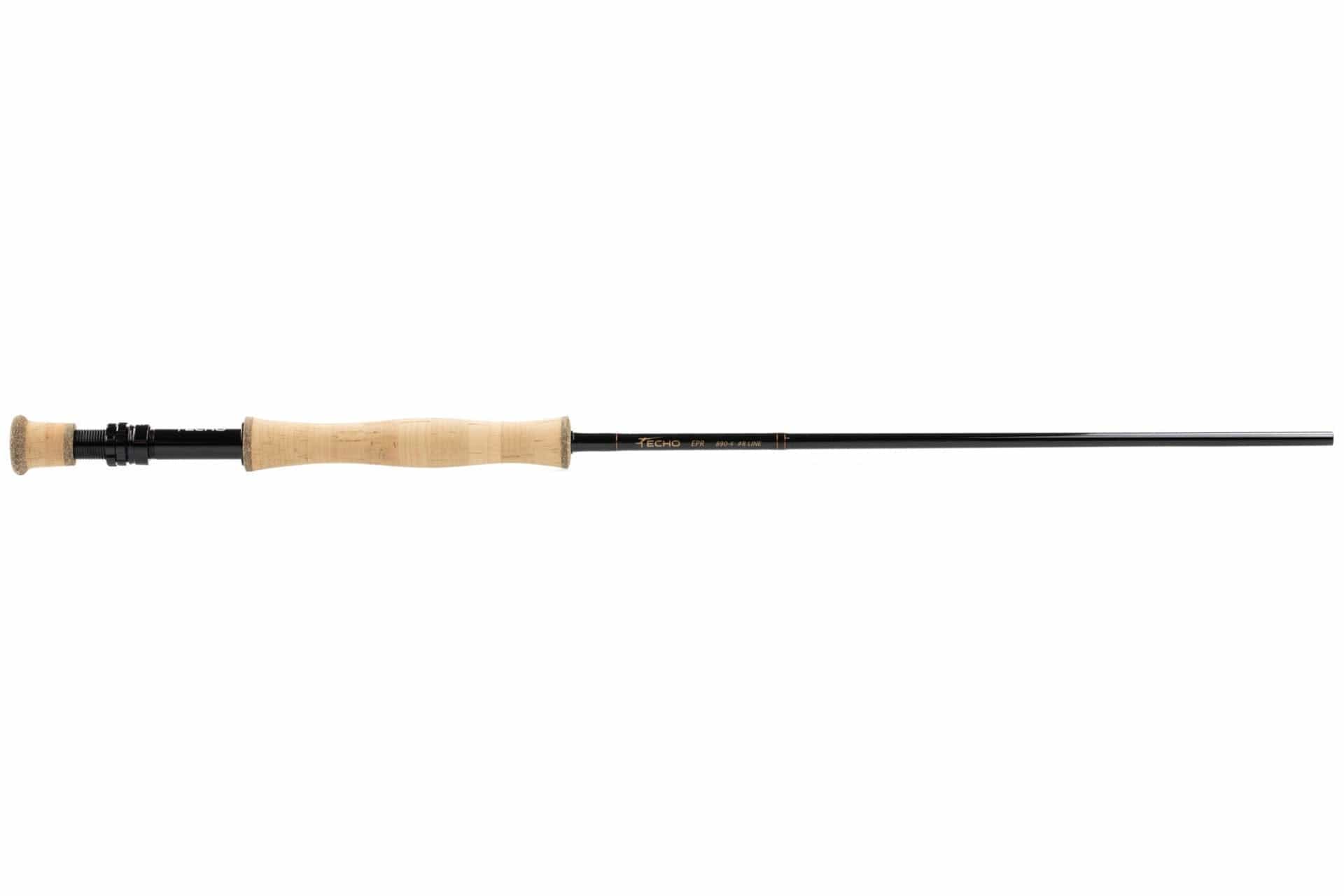 Echo EPR fly rod with glossy black graphite blank and natural cork handle, black metal reel seat, sleek two-piece design