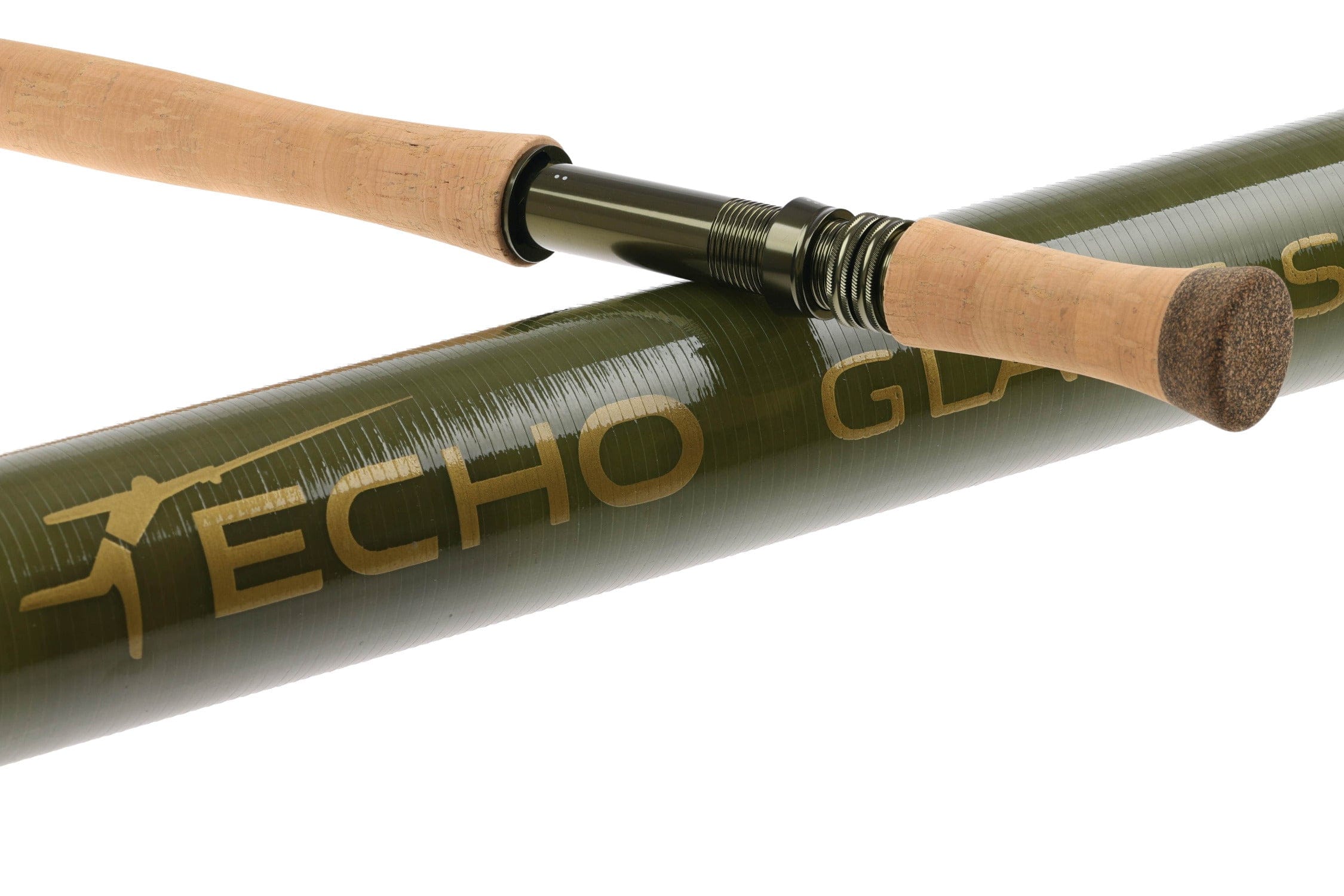 Echo fiberglass spey rod close-up showing cork grips, olive-green fiberglass blank and threaded black reel seat
