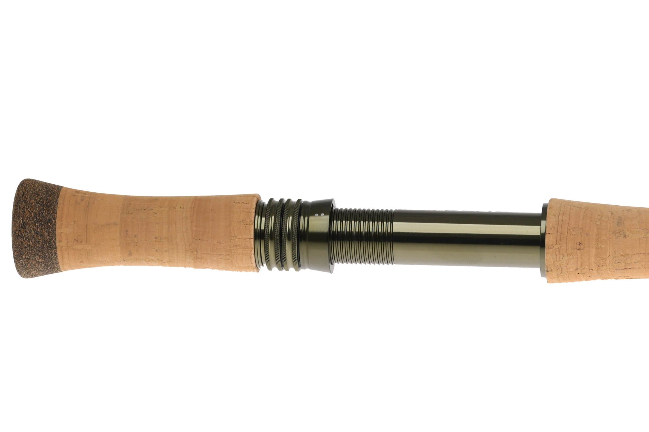 Cork handle with dark cork butt and olive metal reel seat on Echo fiberglass spey rod, split-grip cork design