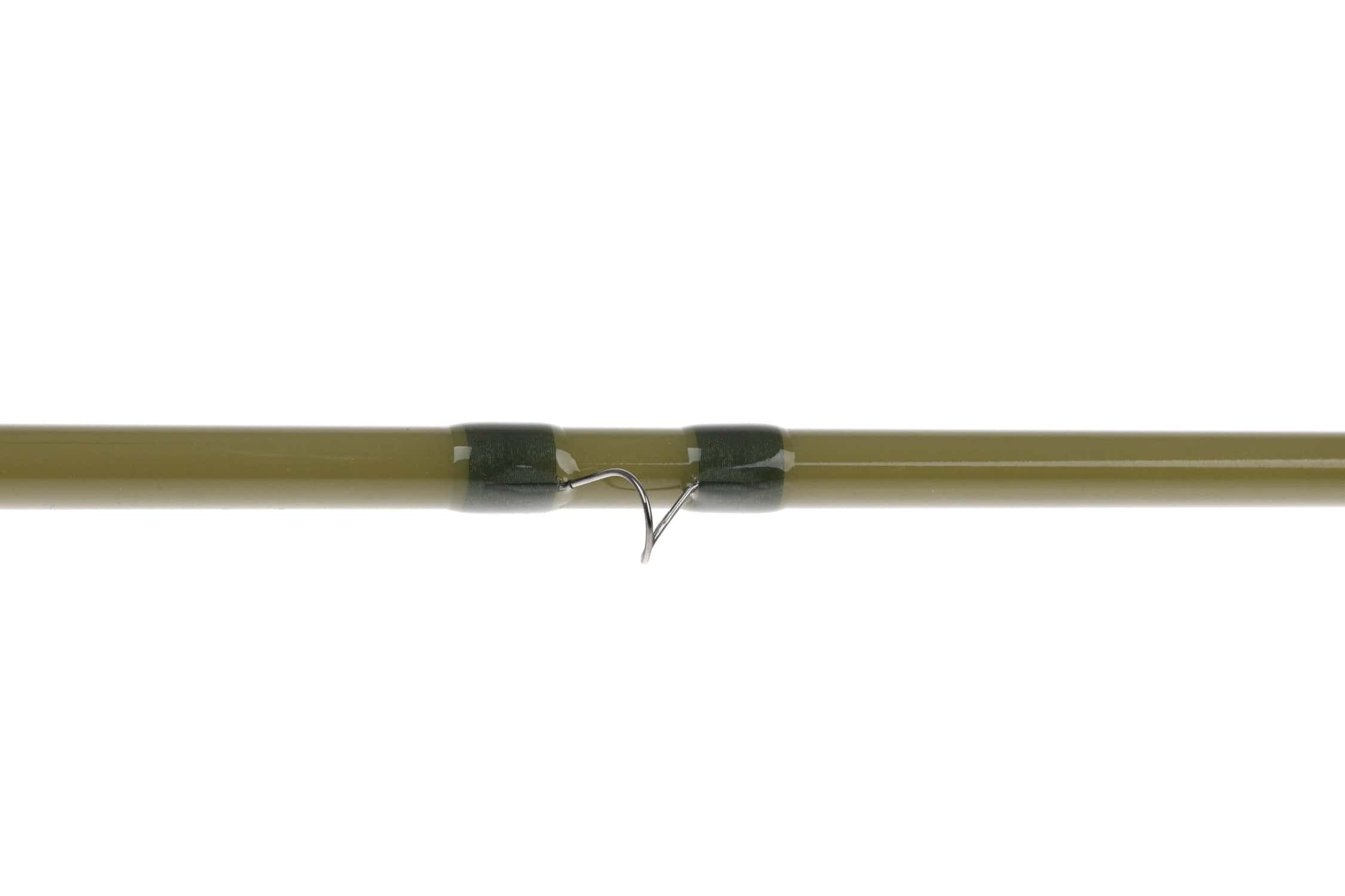 Olive fiberglass spey rod section with dark green thread wraps and stainless steel guide
