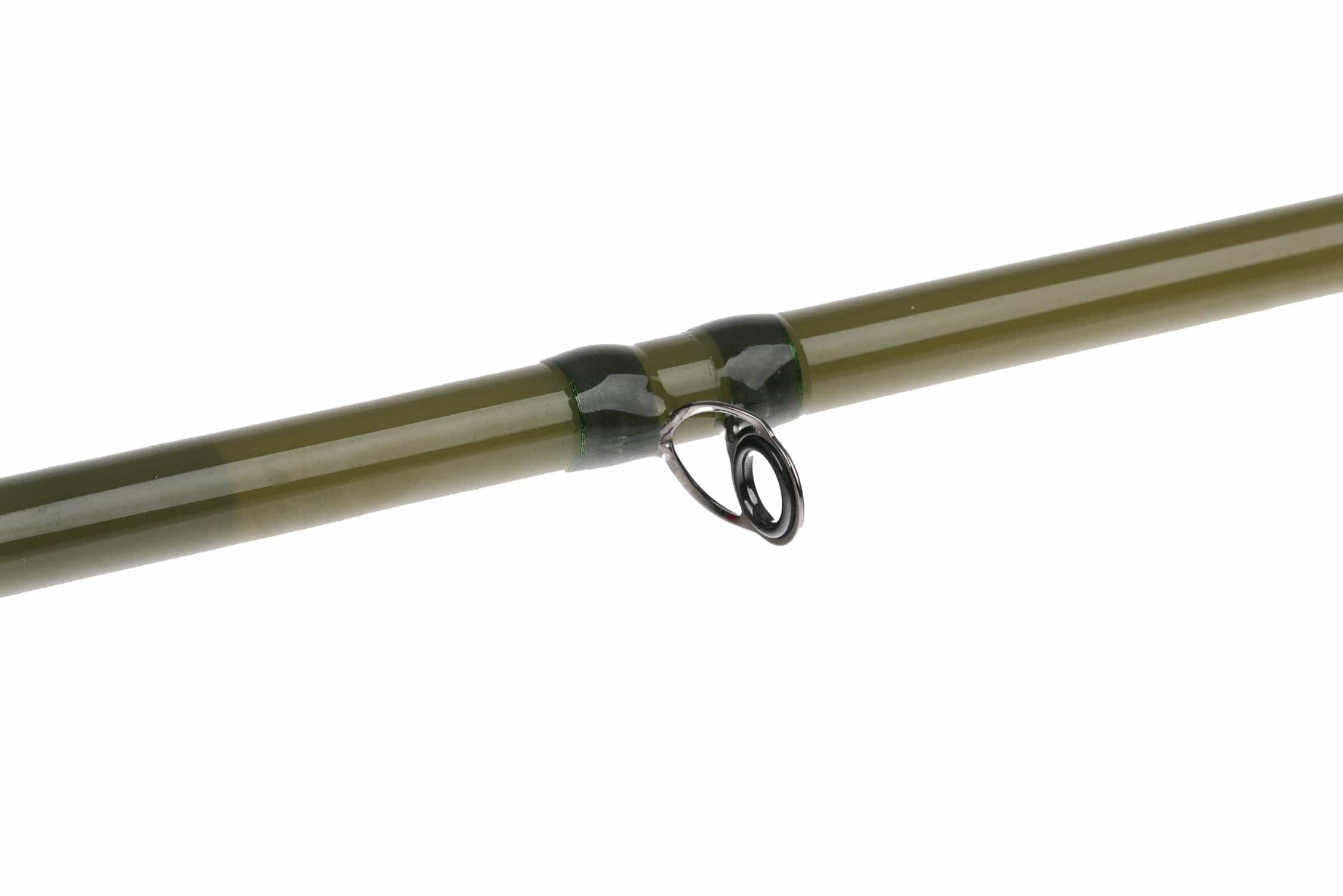 Olive green glossy fiberglass spey rod section with black metal guide ring and reinforced ferrule