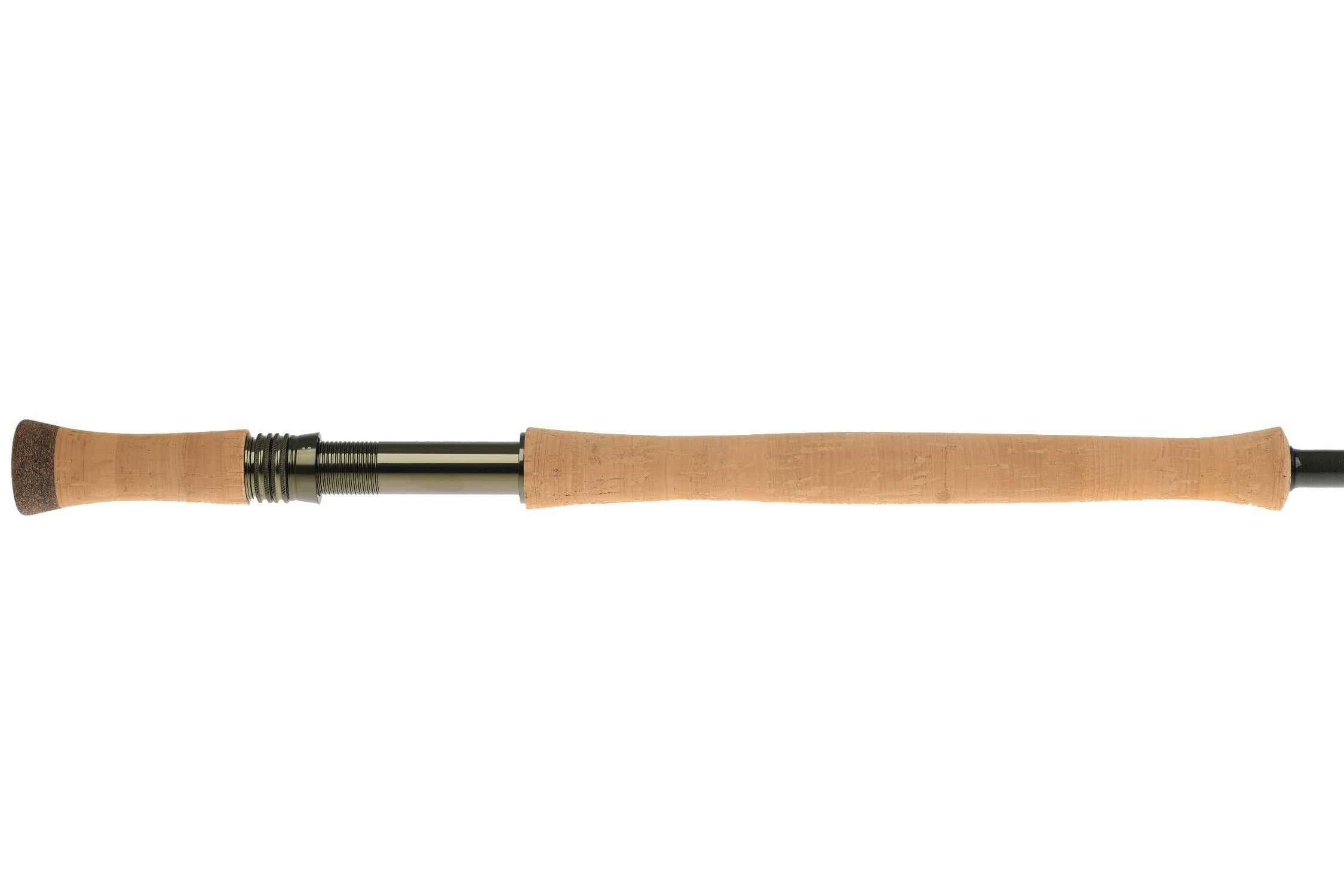 Echo fiberglass Spey rod with natural cork grip and olive metal reel seat