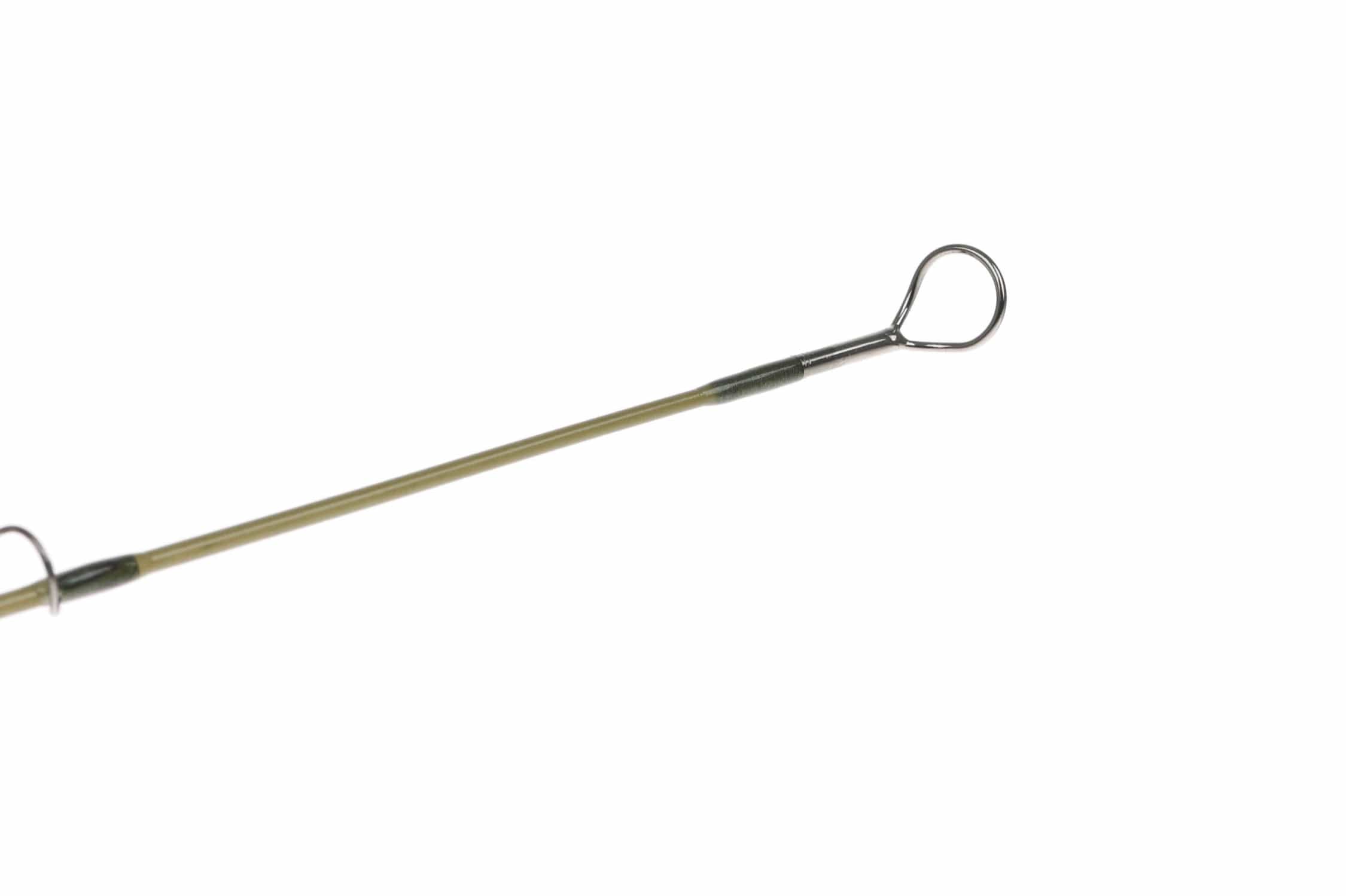 Echo fiberglass Spey rod blank in olive-green with silver stainless steel guide ring and tapered tip section