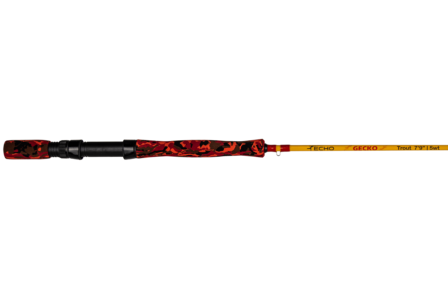 Echo Gecko fly rod with yellow blank, red-orange camo EVA handle and black reel seat, marked Trout 7 ft 9 in 5wt