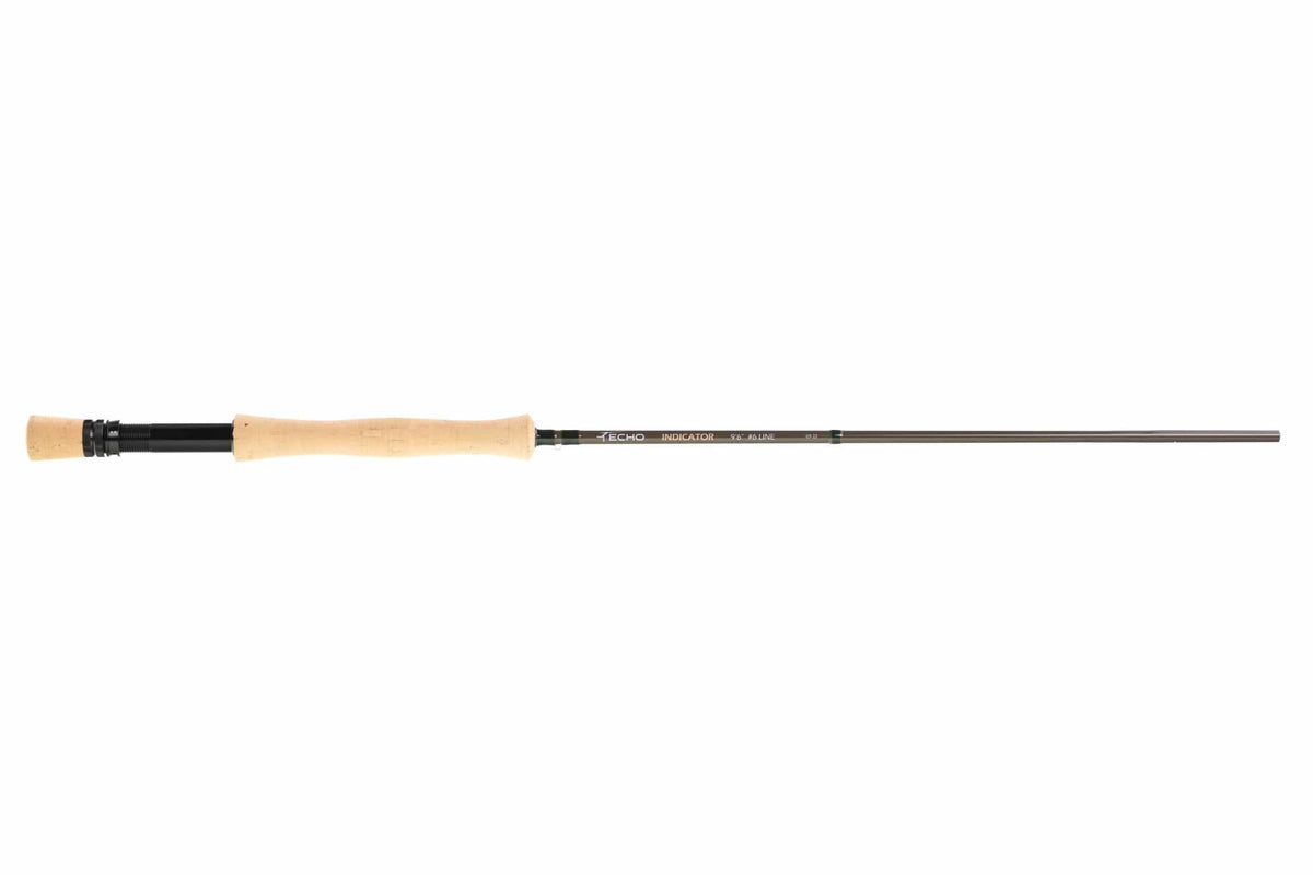 Echo Indicator fly rod with natural cork grip, black aluminum reel seat and slim brown graphite blank
