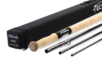 Echo King spey rod with natural cork handle, glossy black graphite sections and black zippered fabric rod tube