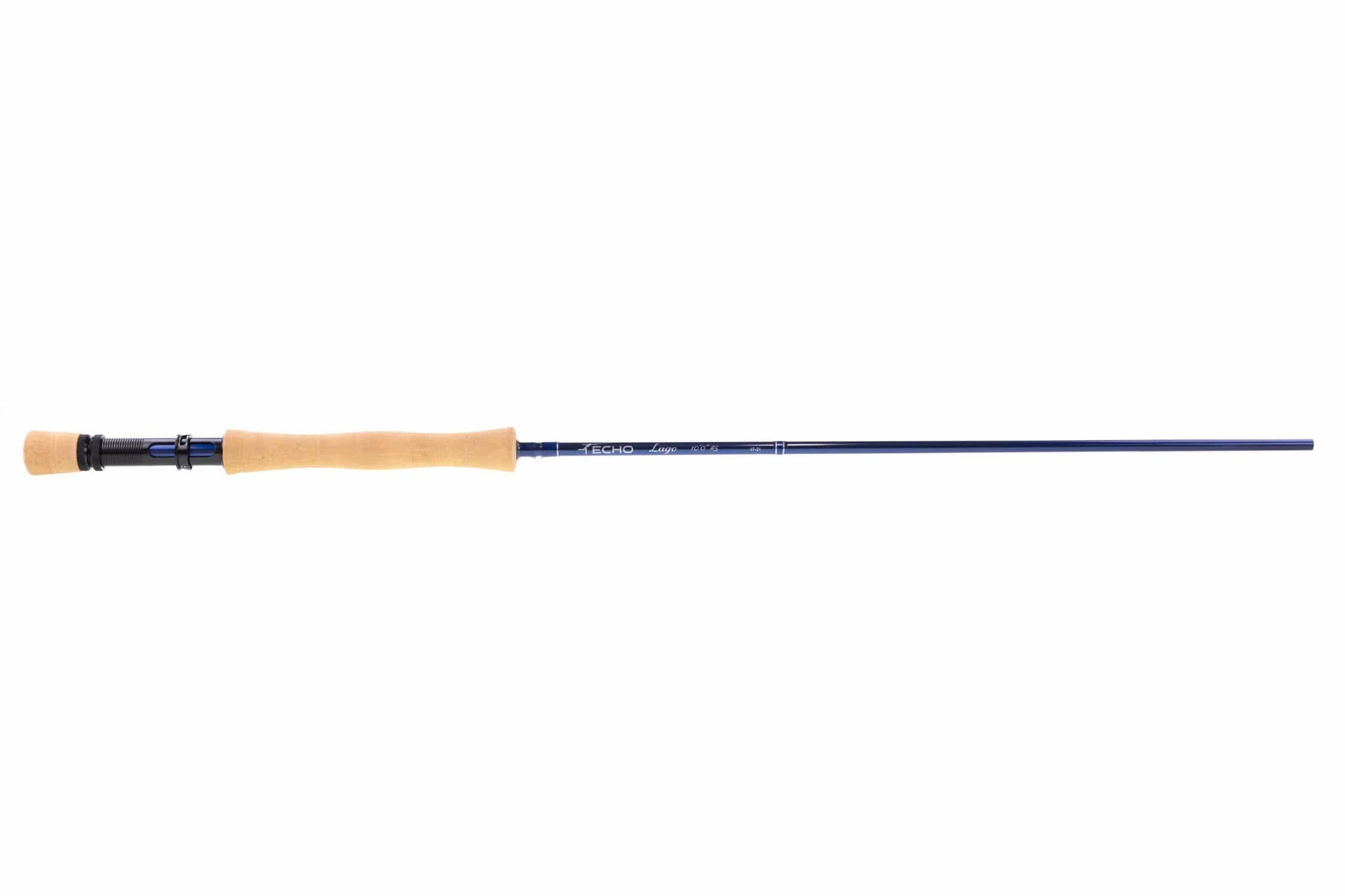 Echo Lago fly rod with deep blue graphite blank, natural cork handle and black-blue reel seat