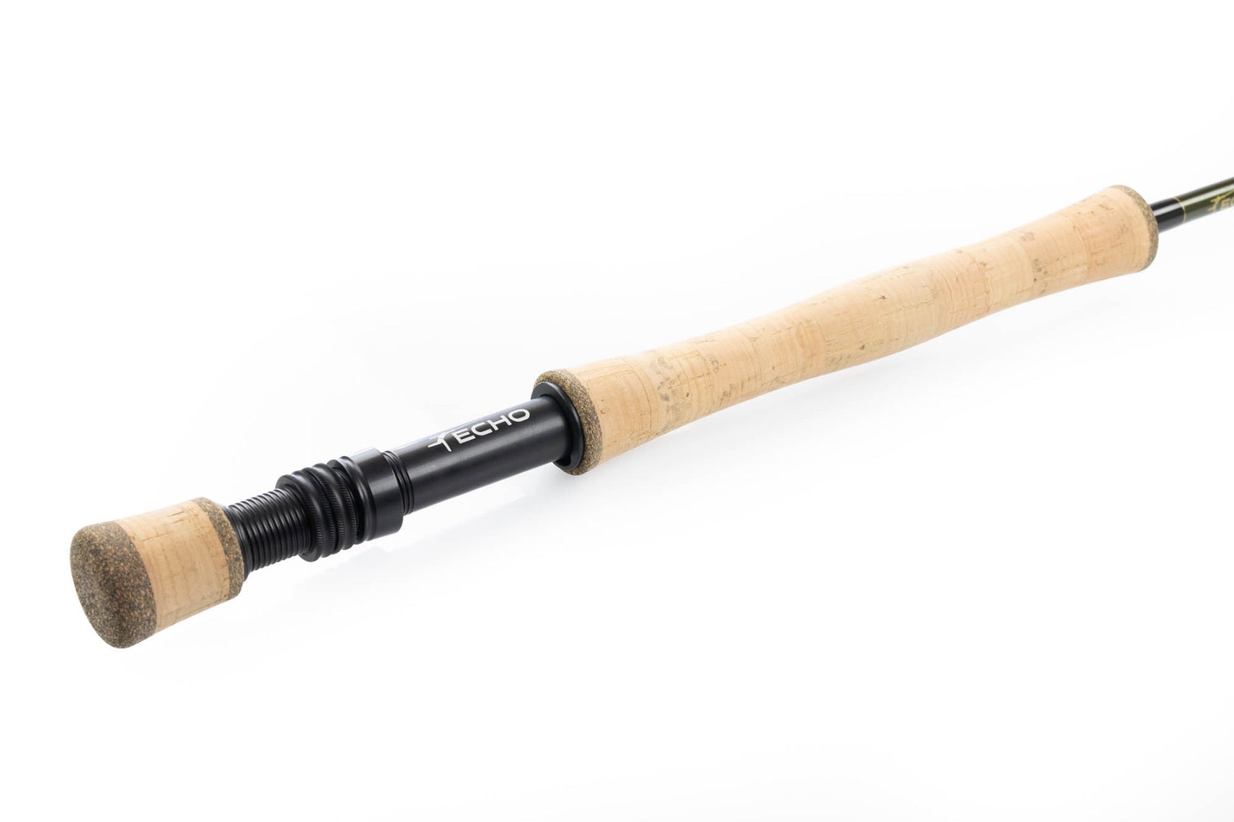 Echo OHS fly rod handle with natural cork grip, black aluminum reel seat and slim dark green graphite blank