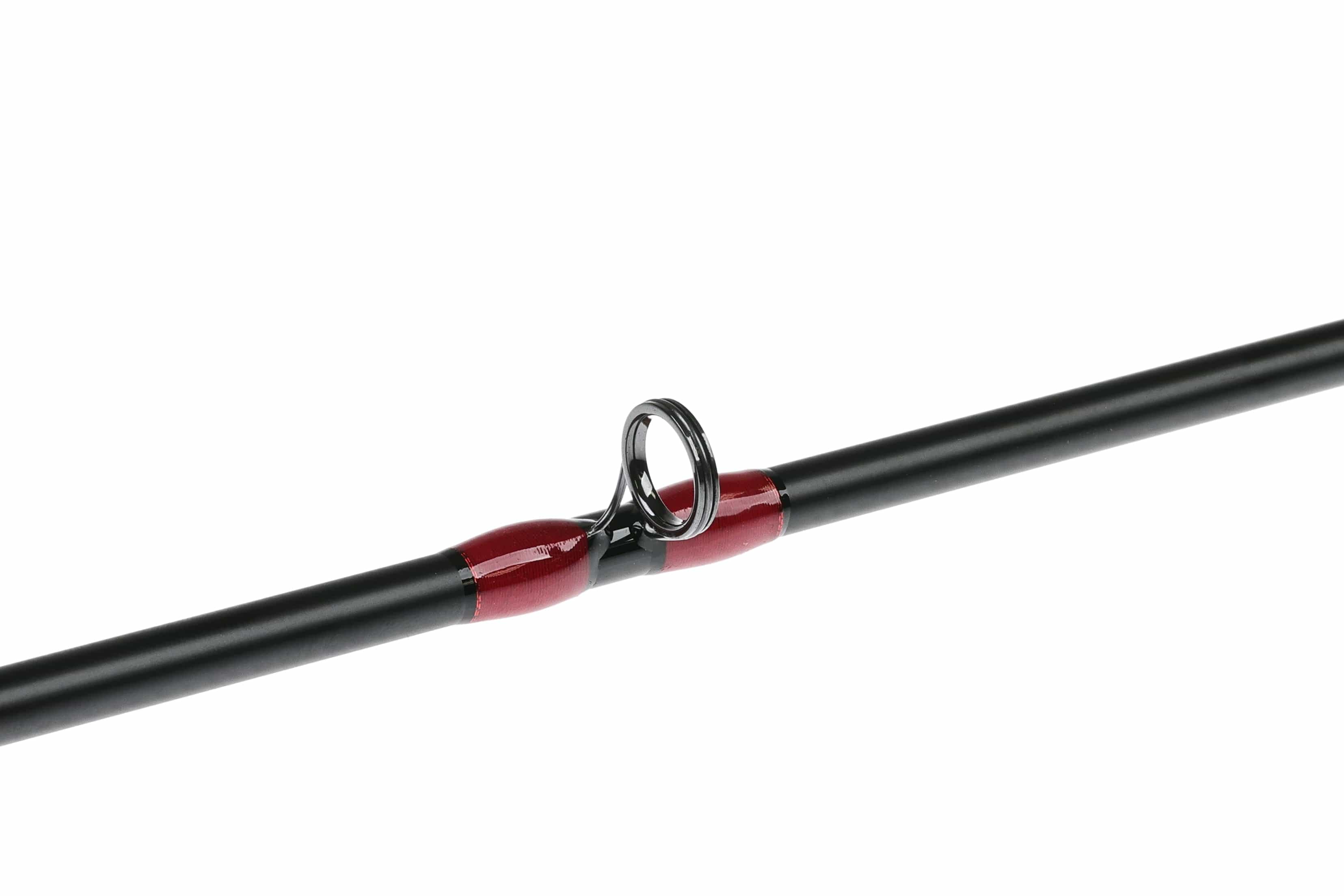Echo Overcast fly rod section showing black carbon blank with glossy red thread wraps and chrome guide ring