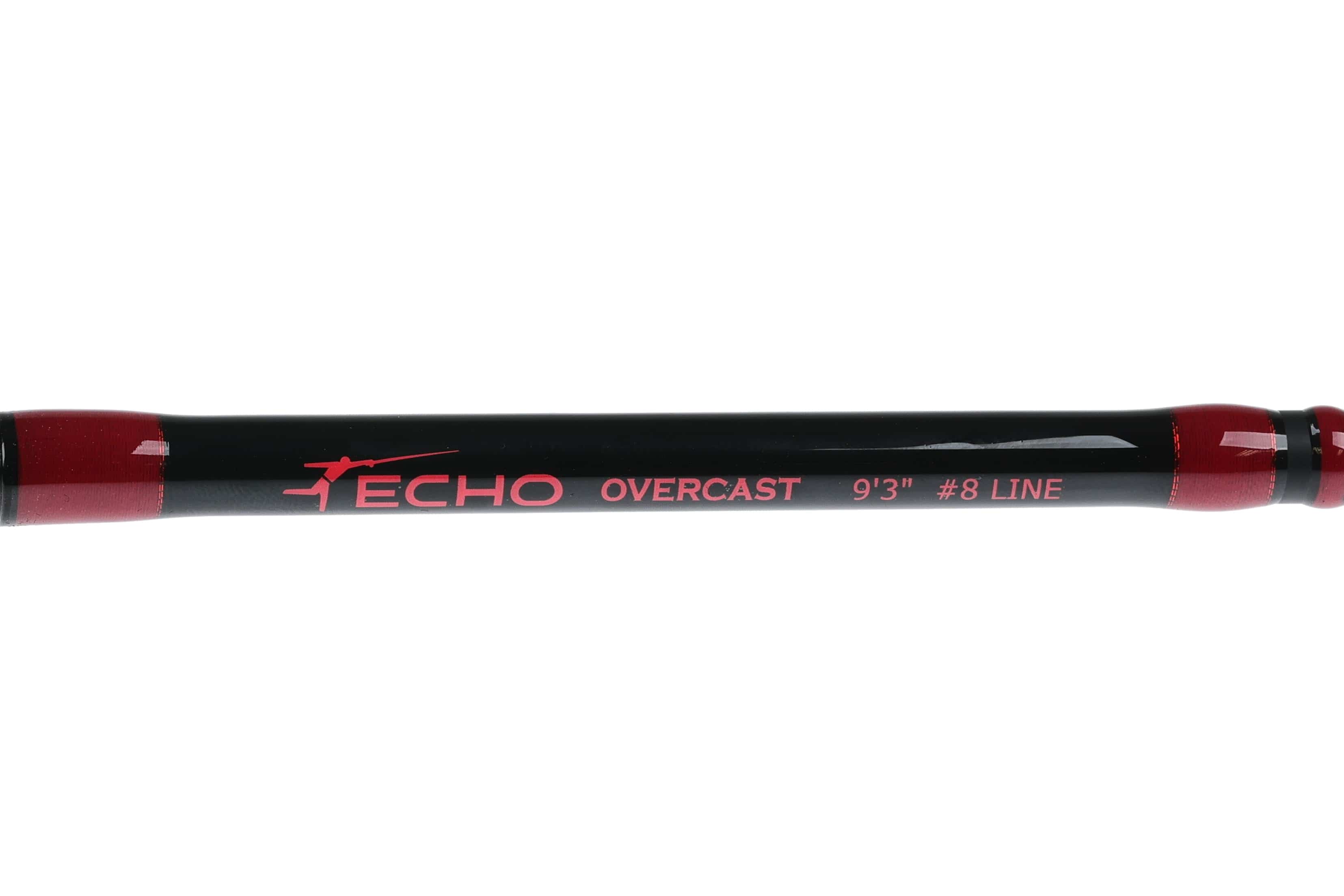 Echo Overcast glossy black fly rod with red end wraps and red logo reading 9 ft 3 in #8 line