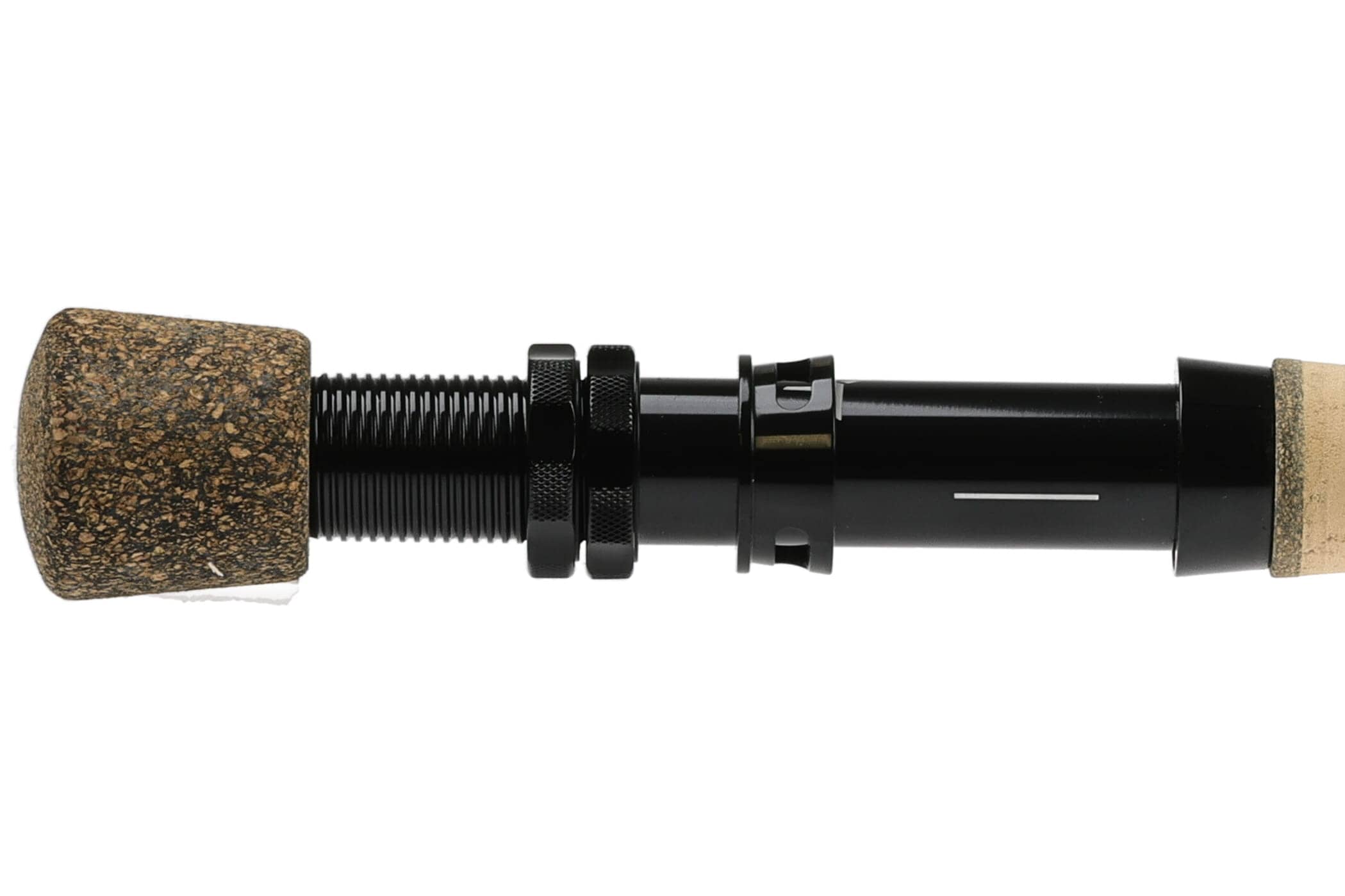 Black anodized reel seat with knurled locking nut and brown composite cork butt on Echo Overcast fly rod