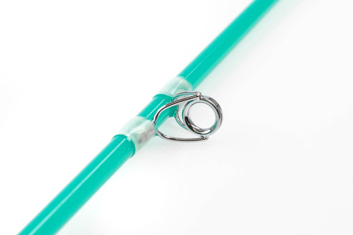 Aqua glass fly rod section with polished chrome guide ring and clear thread wraps