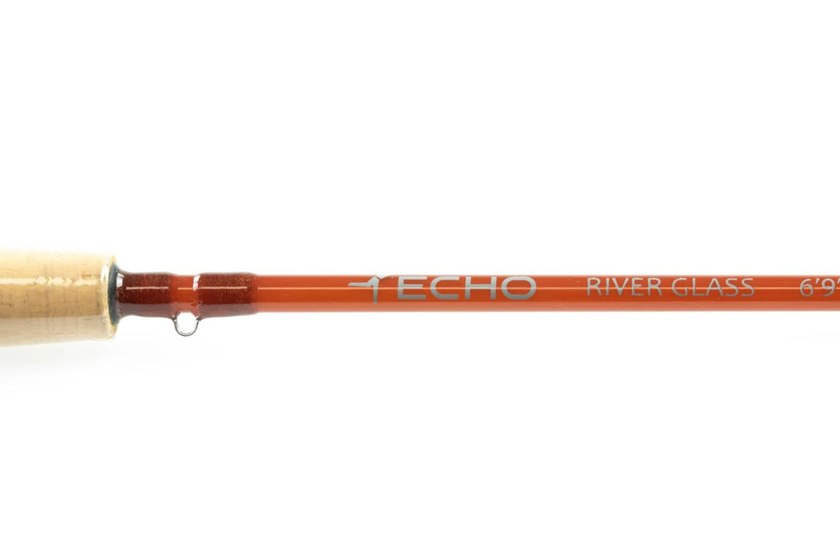 Orange Echo River Glass fly rod section with cork handle, glossy glass blank, silver logo and metal hook keeper