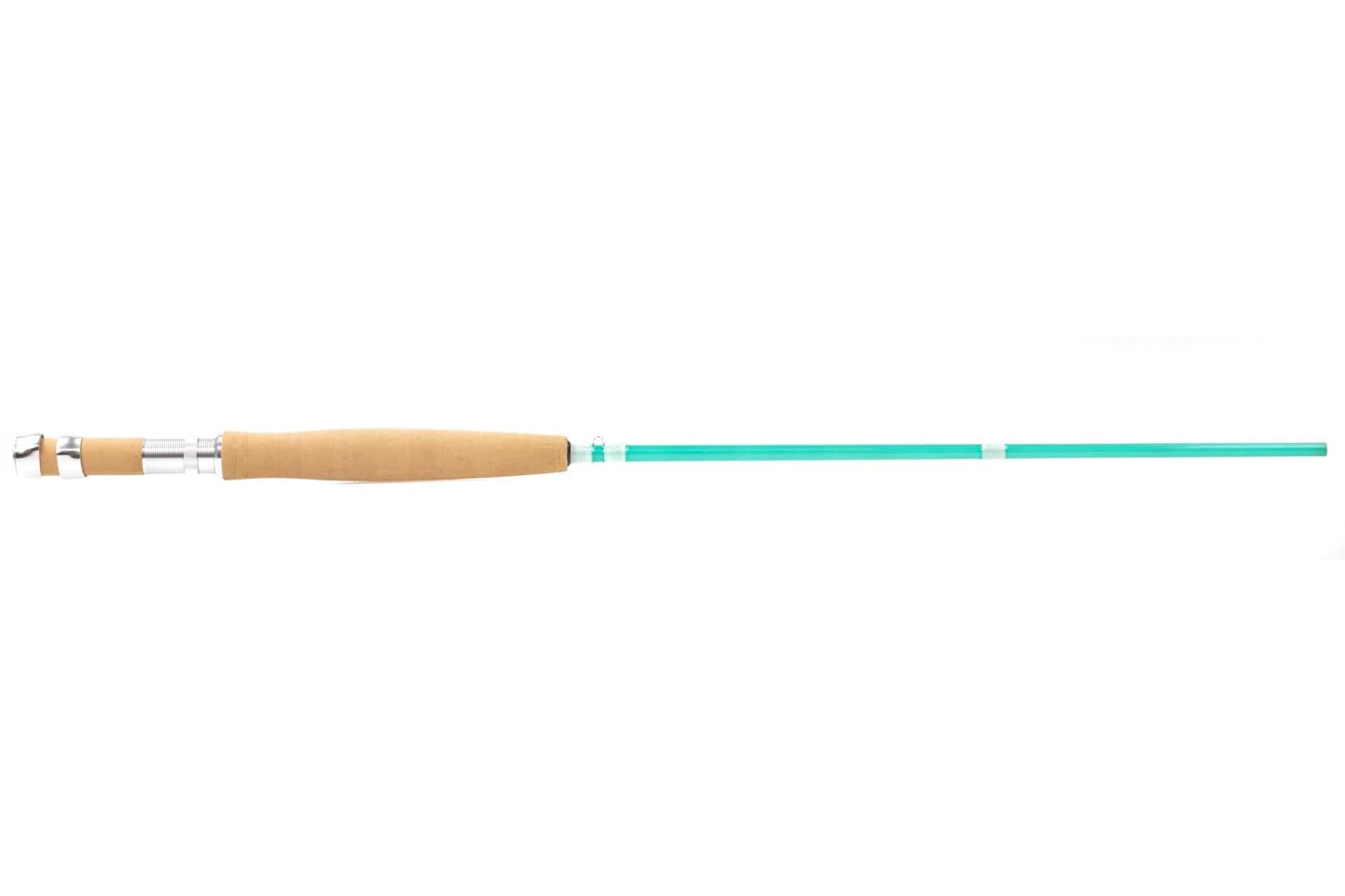 Echo River glass fly rod with tan cork handle, polished silver reel seat and translucent teal glass blank