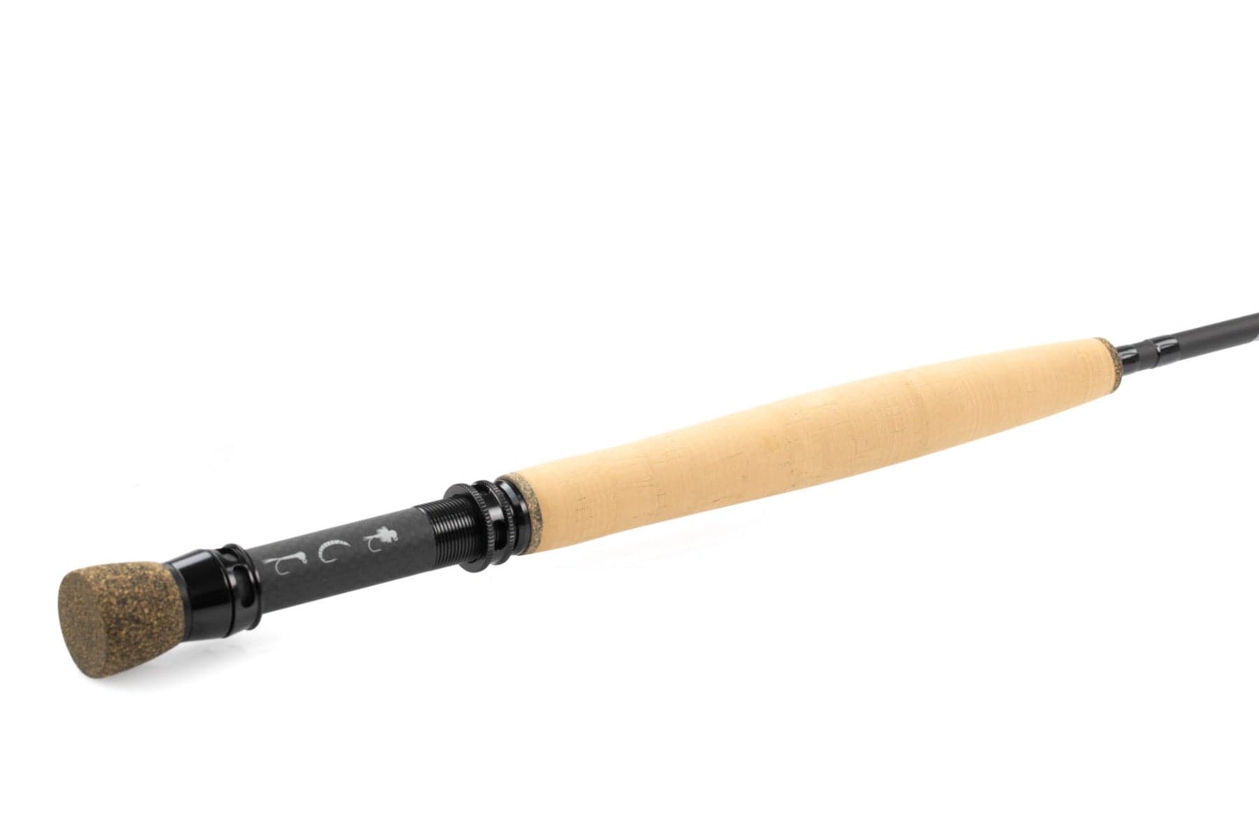 Echo Shadow X fly rod with tapered tan cork grip, black graphite reel seat and foam butt cap
