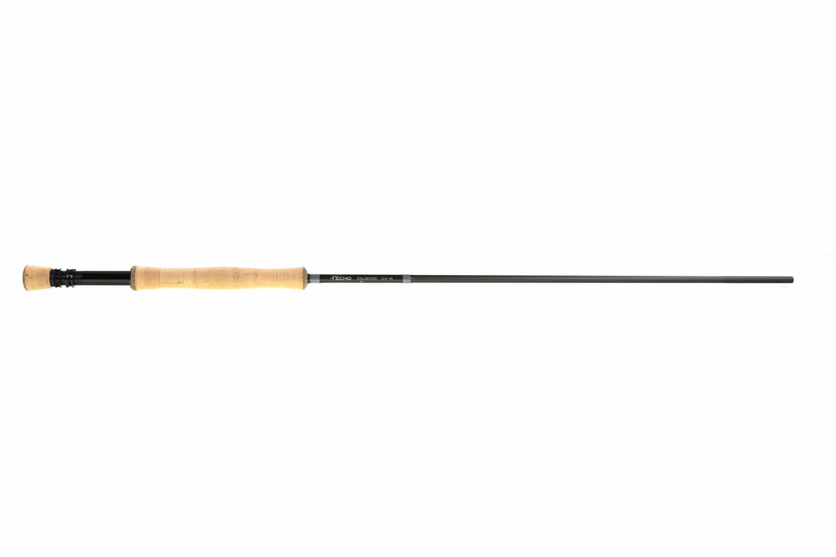 Echo Stillwater fly rod with natural cork handle and matte black graphite blank, slim stillwater rod