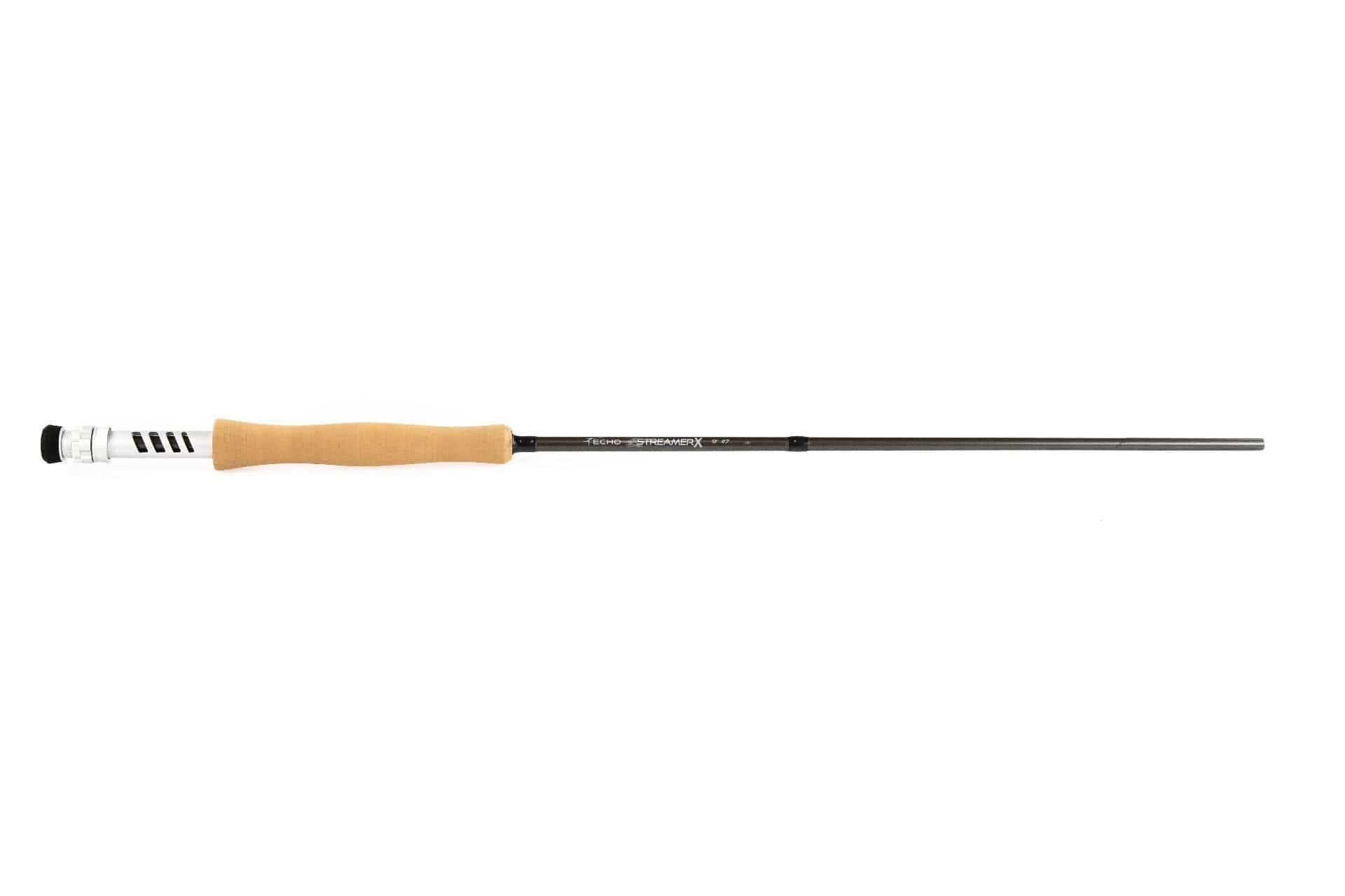 Echo Streamer X fly rod with dark carbon blank, tan cork handle and silver aluminum reel seat.