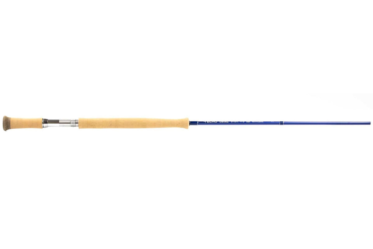 Echo Swing blue graphite switch/spey rod with long cork handle and silver metal reel seat, fly rod style