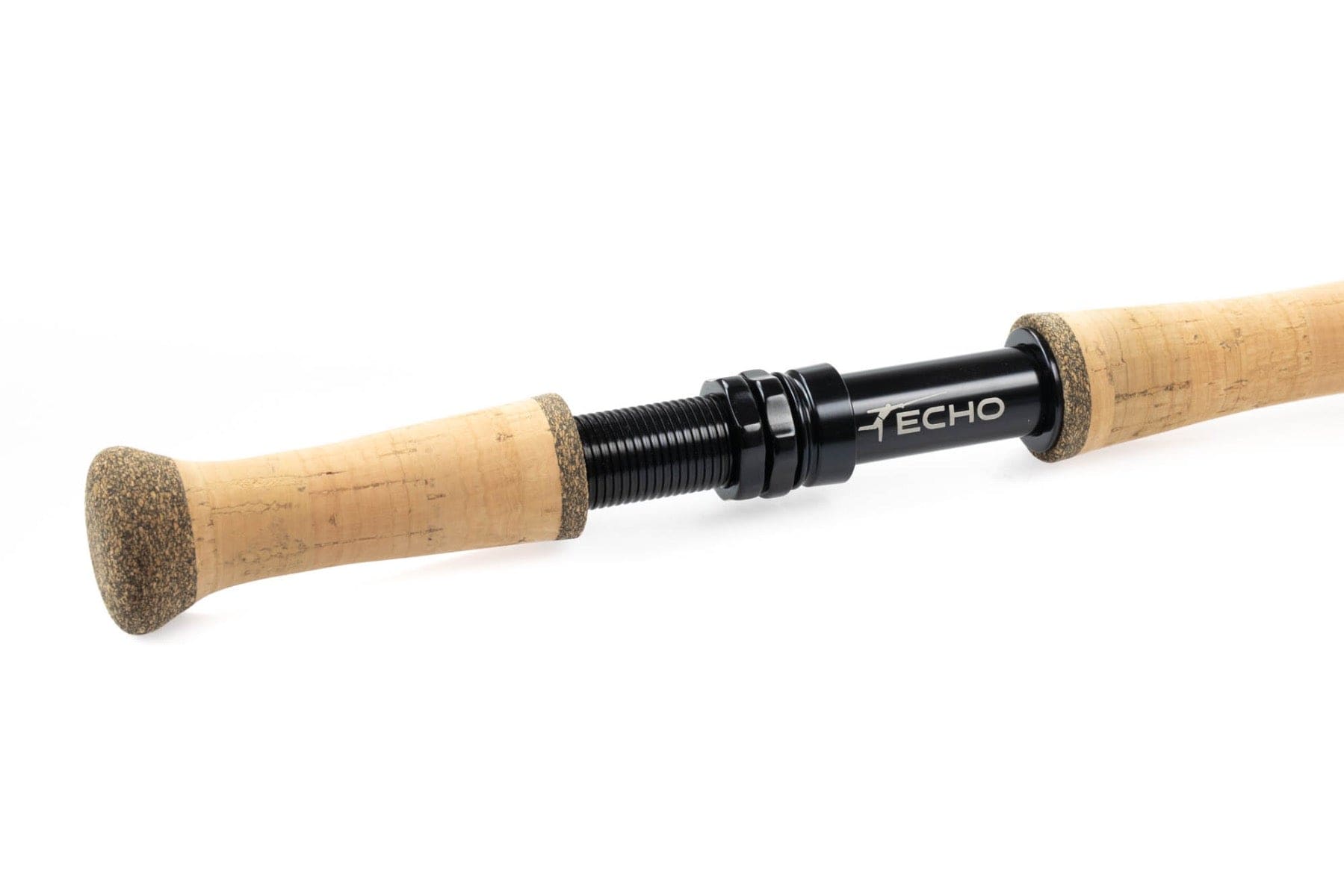 Echo fly rod with light cork grips and black anodized reel seat, close-up